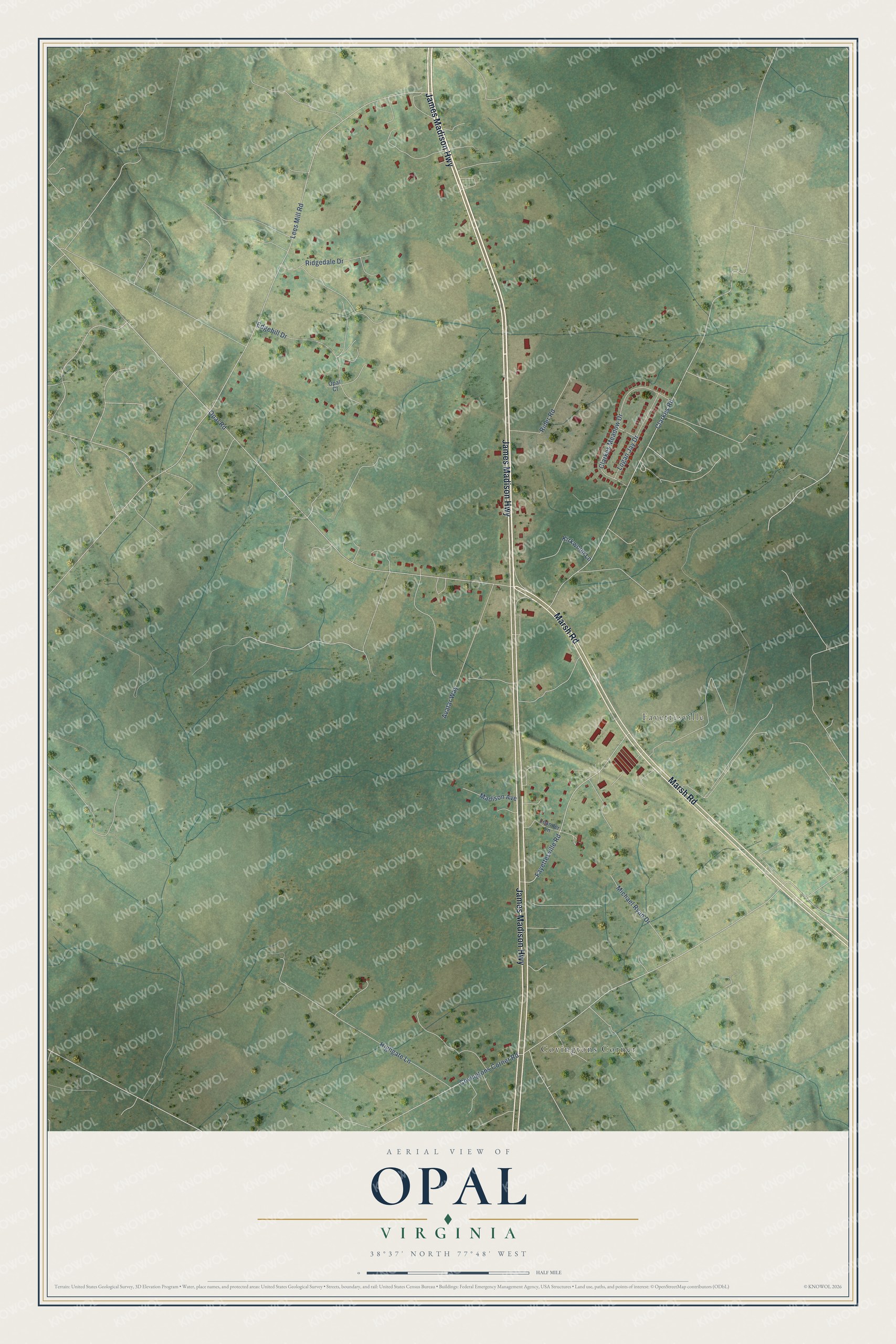 Full map of Opal, Virginia, with red buildings, printed street names and the land around them