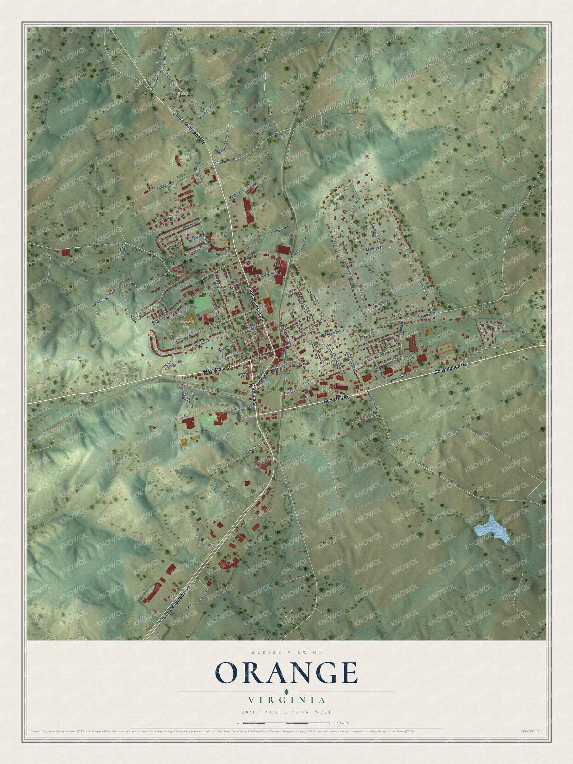 Full map of Orange, Virginia, with red buildings, printed street names and the land around them