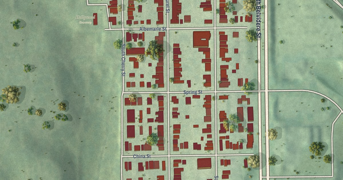 Close-up of streets and buildings in Oregon Hill, Virginia