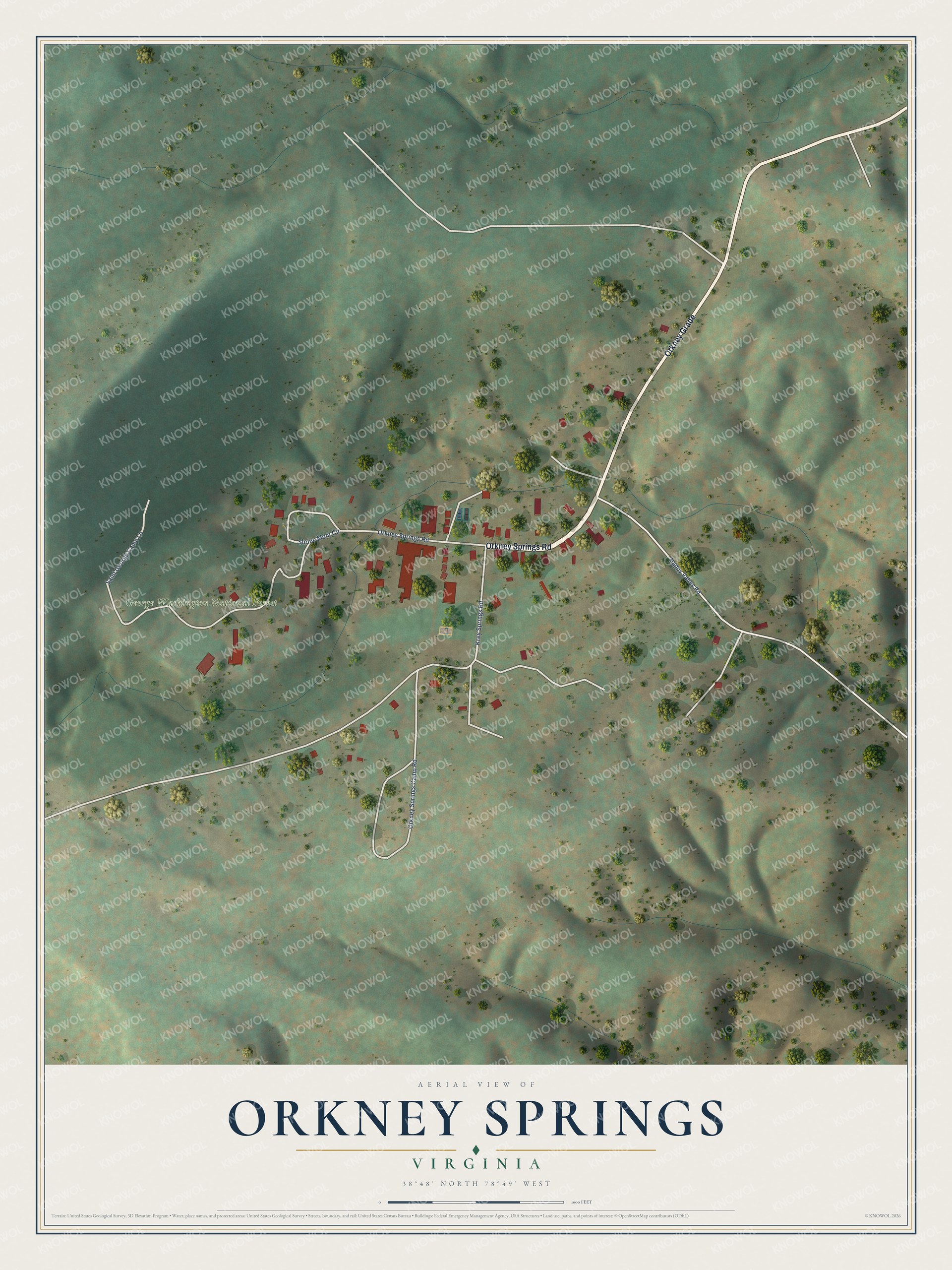Full map of Orkney Springs, Virginia, with red buildings, printed street names and the land around them