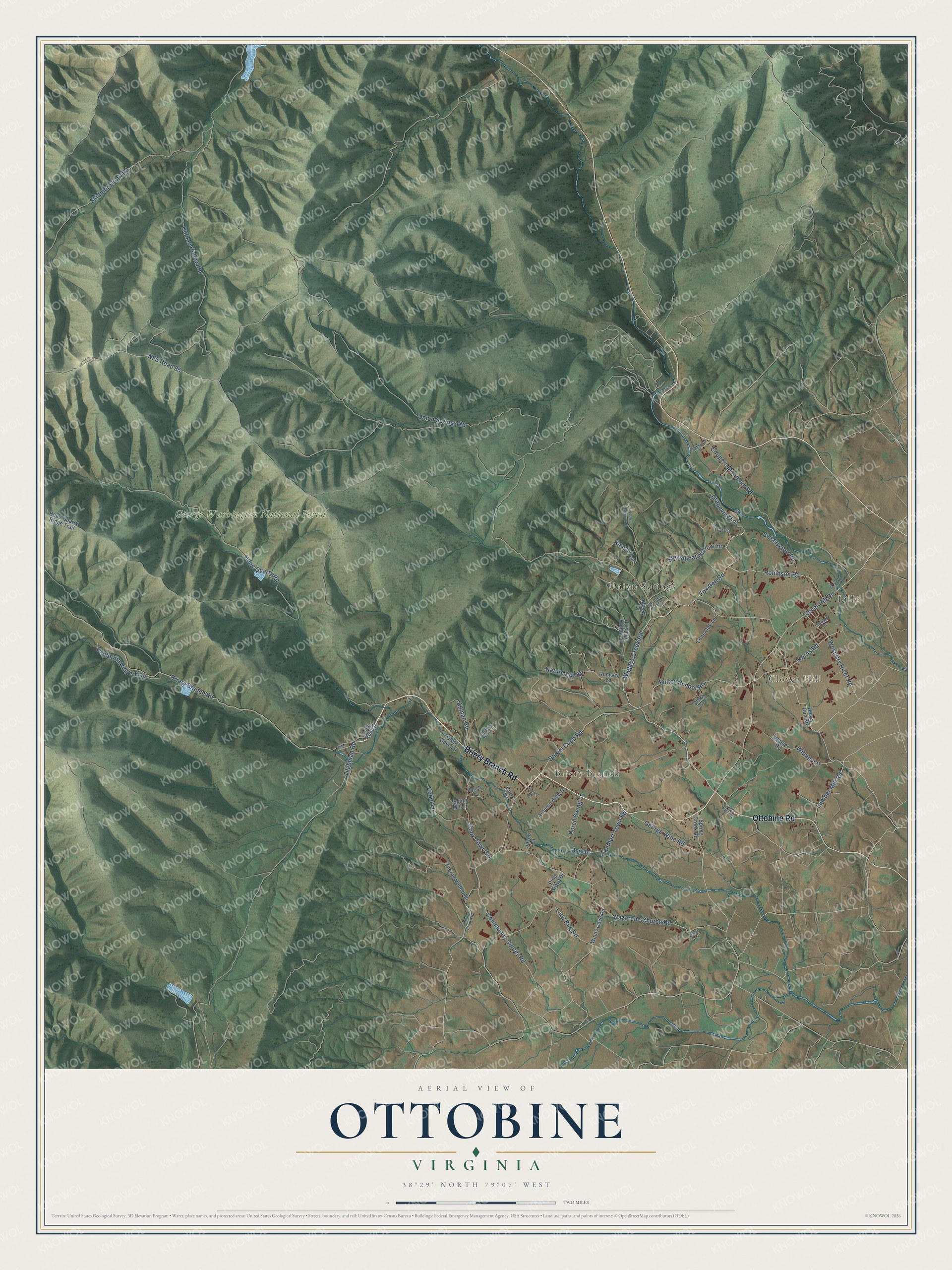 Full map of Ottobine, Virginia, with red buildings, printed street names and the land around them