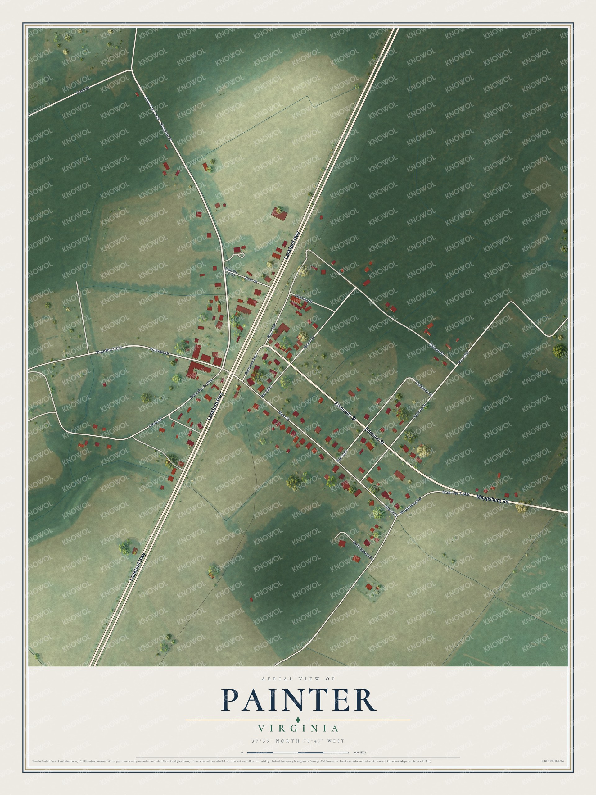 Full map of Painter, Virginia, with red buildings, printed street names and the land around them