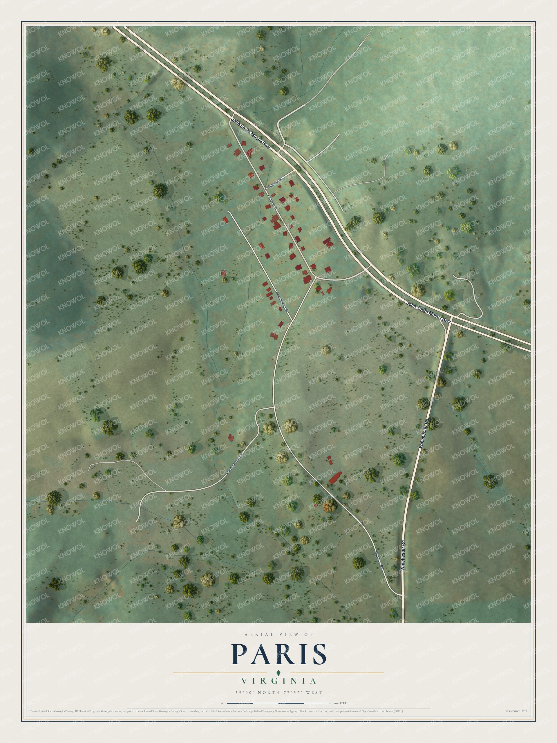 Full map of Paris, Virginia, with red buildings, printed street names and the land around them