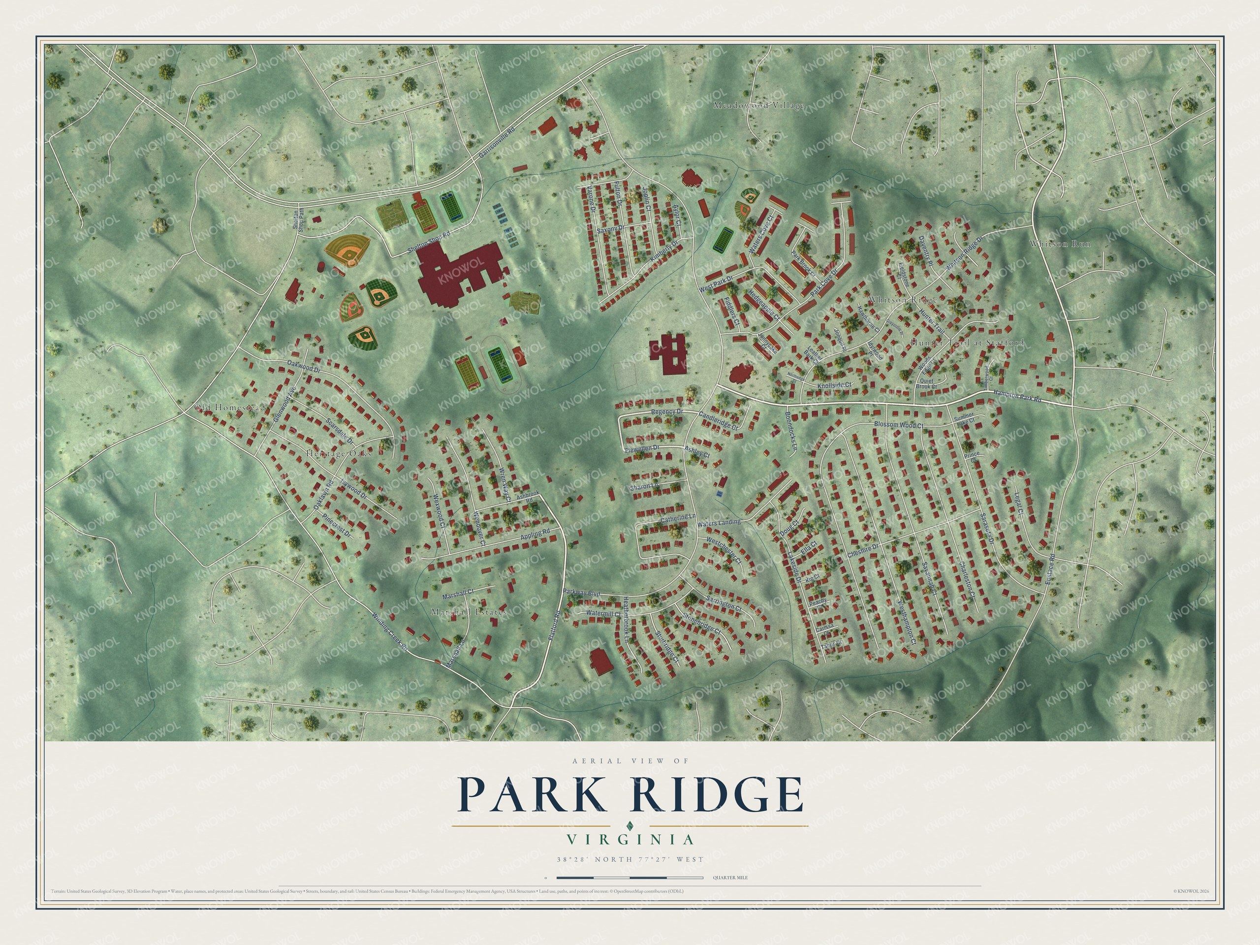Full map of Park Ridge, Virginia, with red buildings, printed street names and the land around them