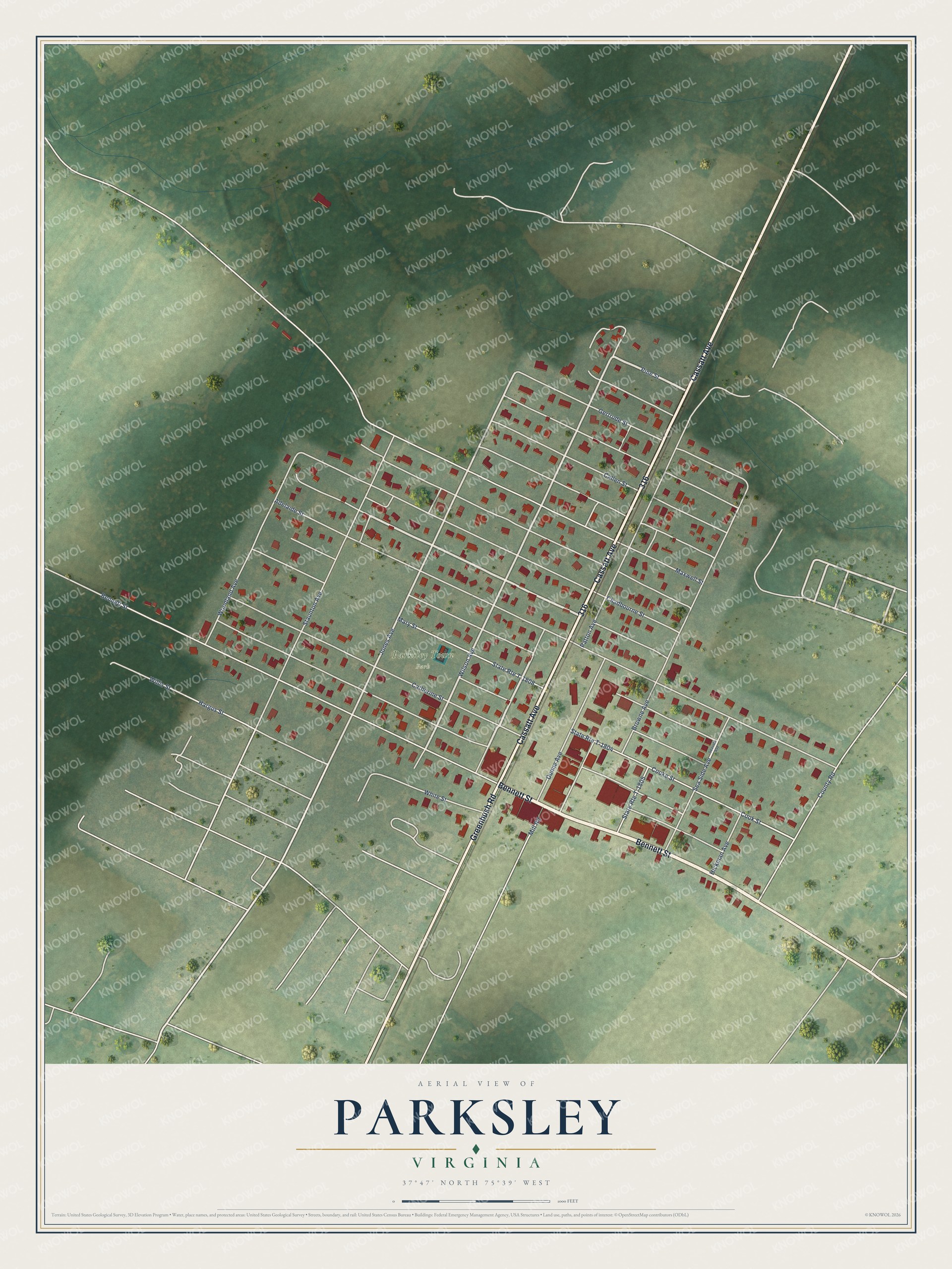 Full map of Parksley, Virginia, with red buildings, printed street names and the land around them
