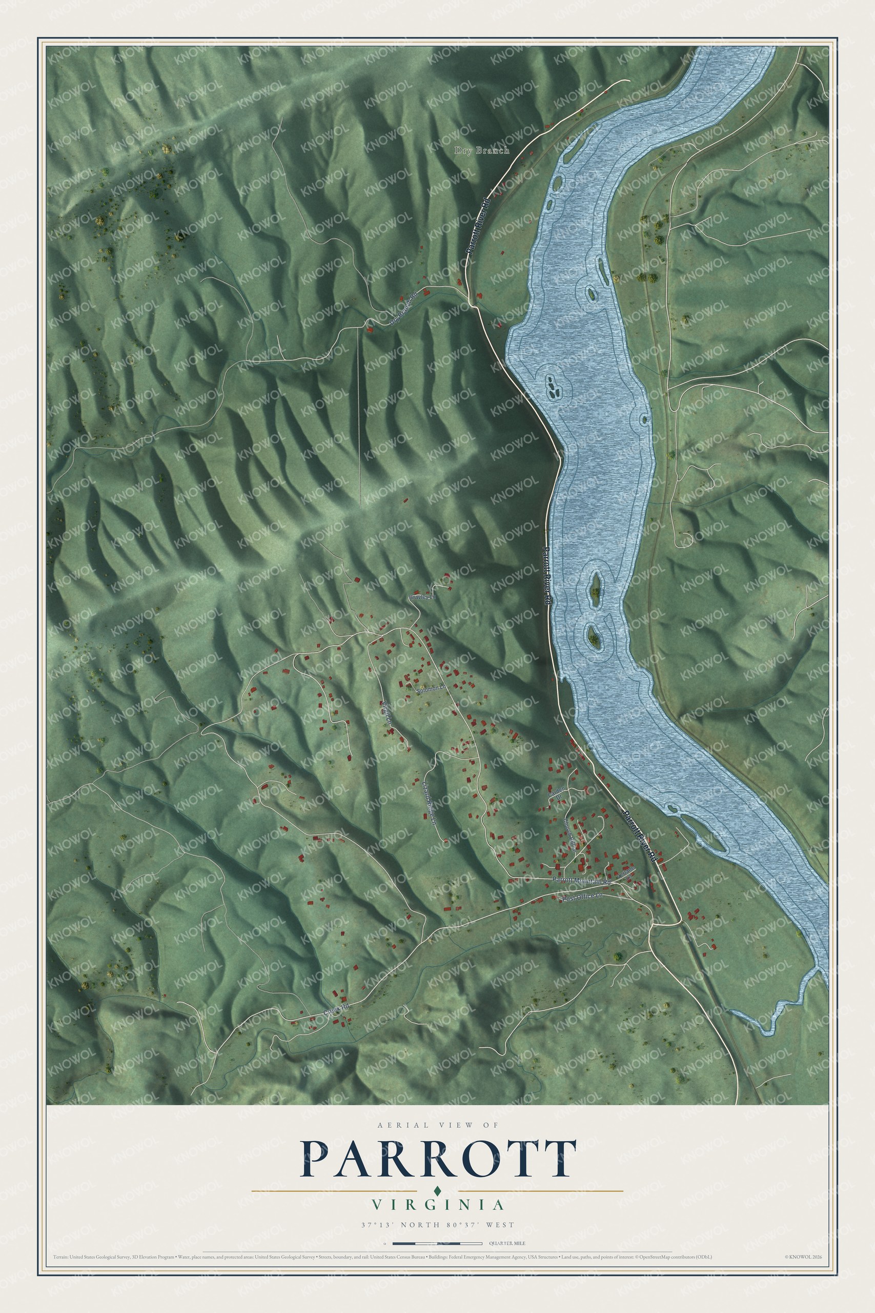 Full map of Parrott, Virginia, with red buildings, printed street names and the land around them