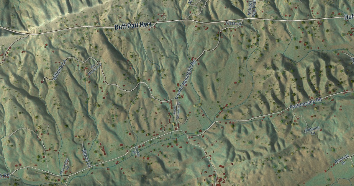 Close-up of streets and buildings in Pattonsville, Virginia
