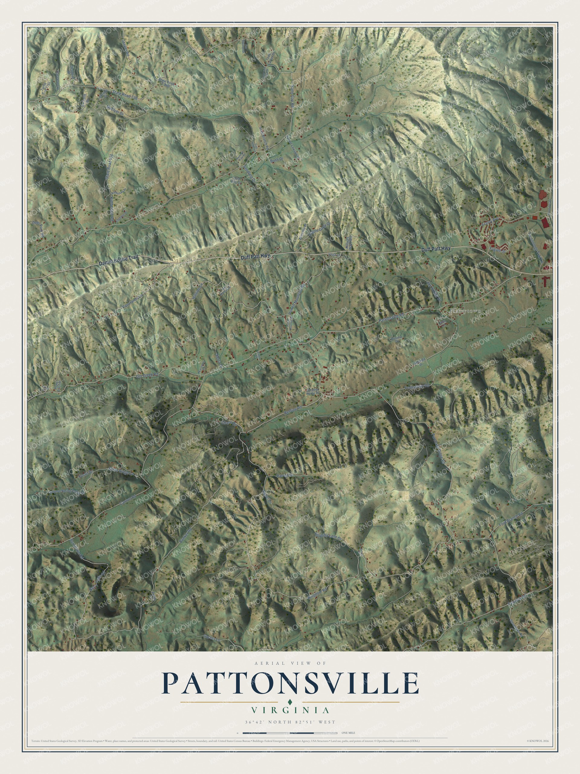 Full map of Pattonsville, Virginia, with red buildings, printed street names and the land around them