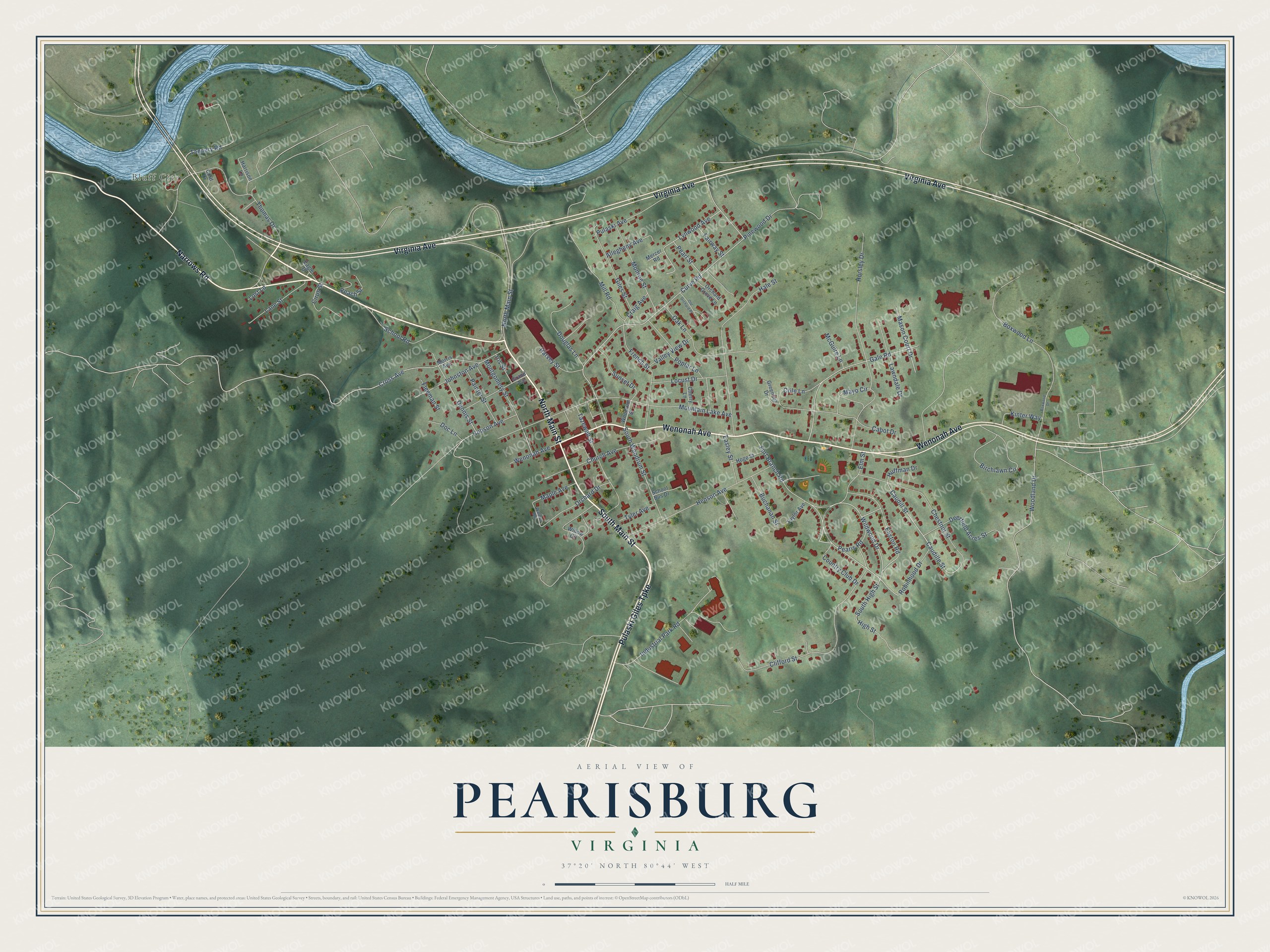 Watermarked full-map preview of Pearisburg, Virginia