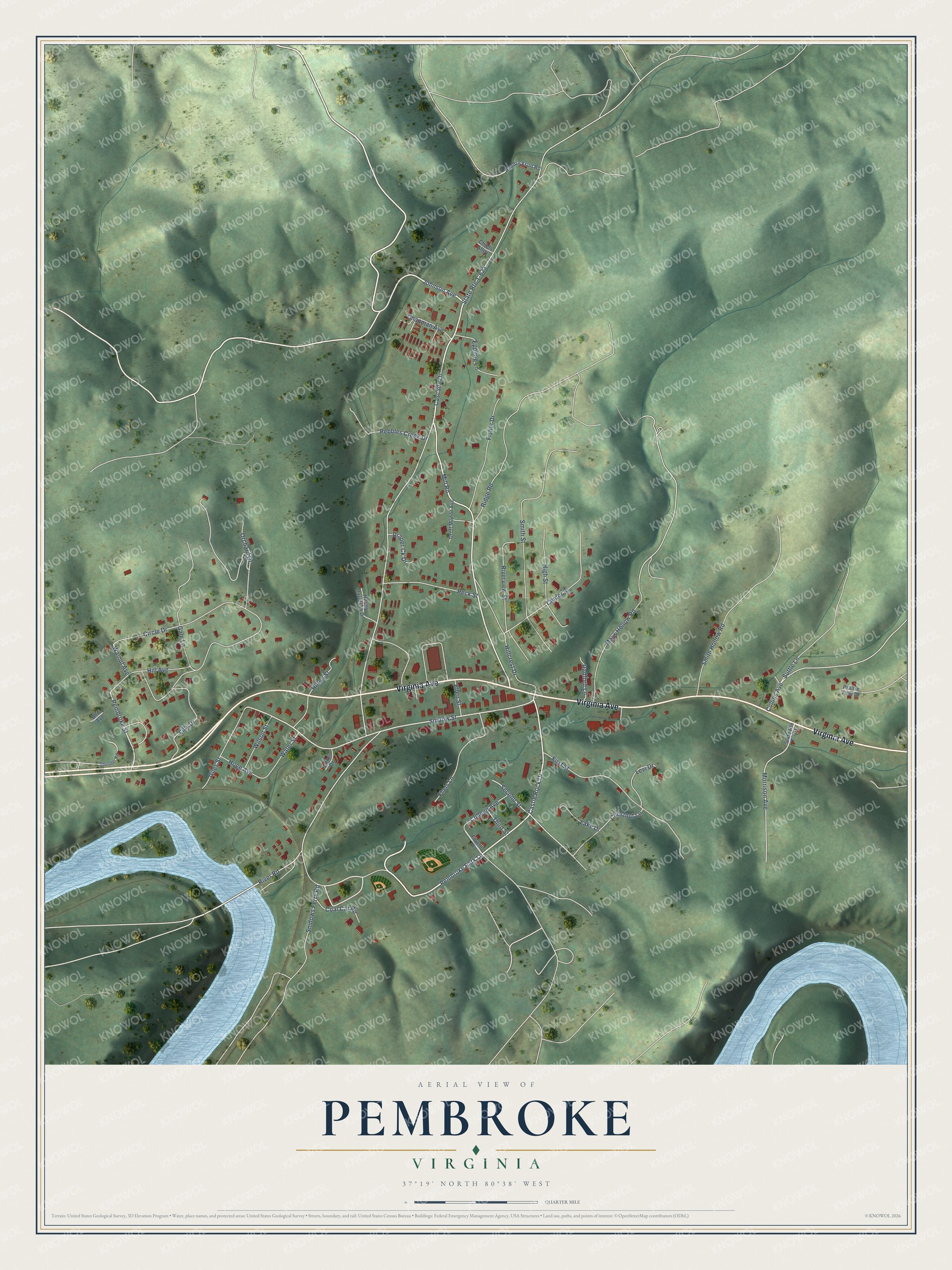 Full map of Pembroke, Virginia, with red buildings, printed street names and the land around them