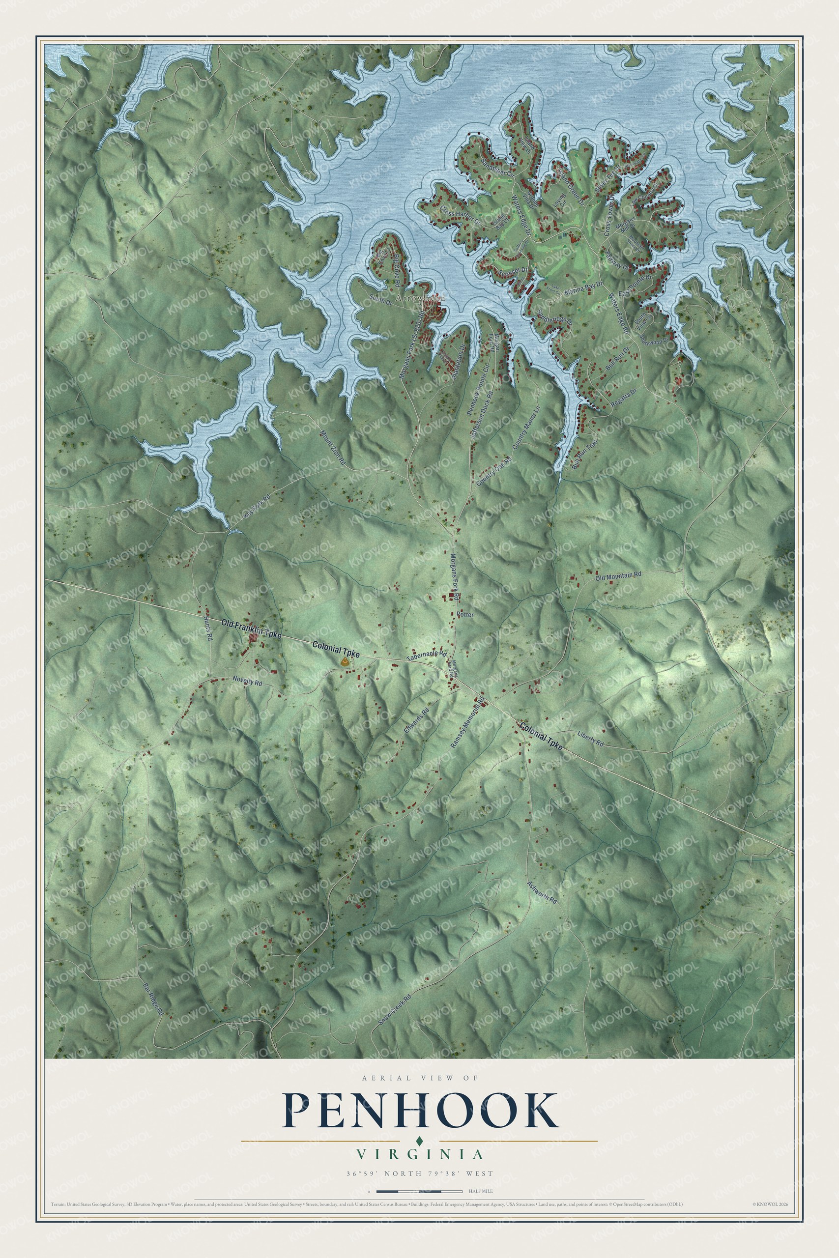 Full map of Penhook, Virginia, with red buildings, printed street names and the land around them