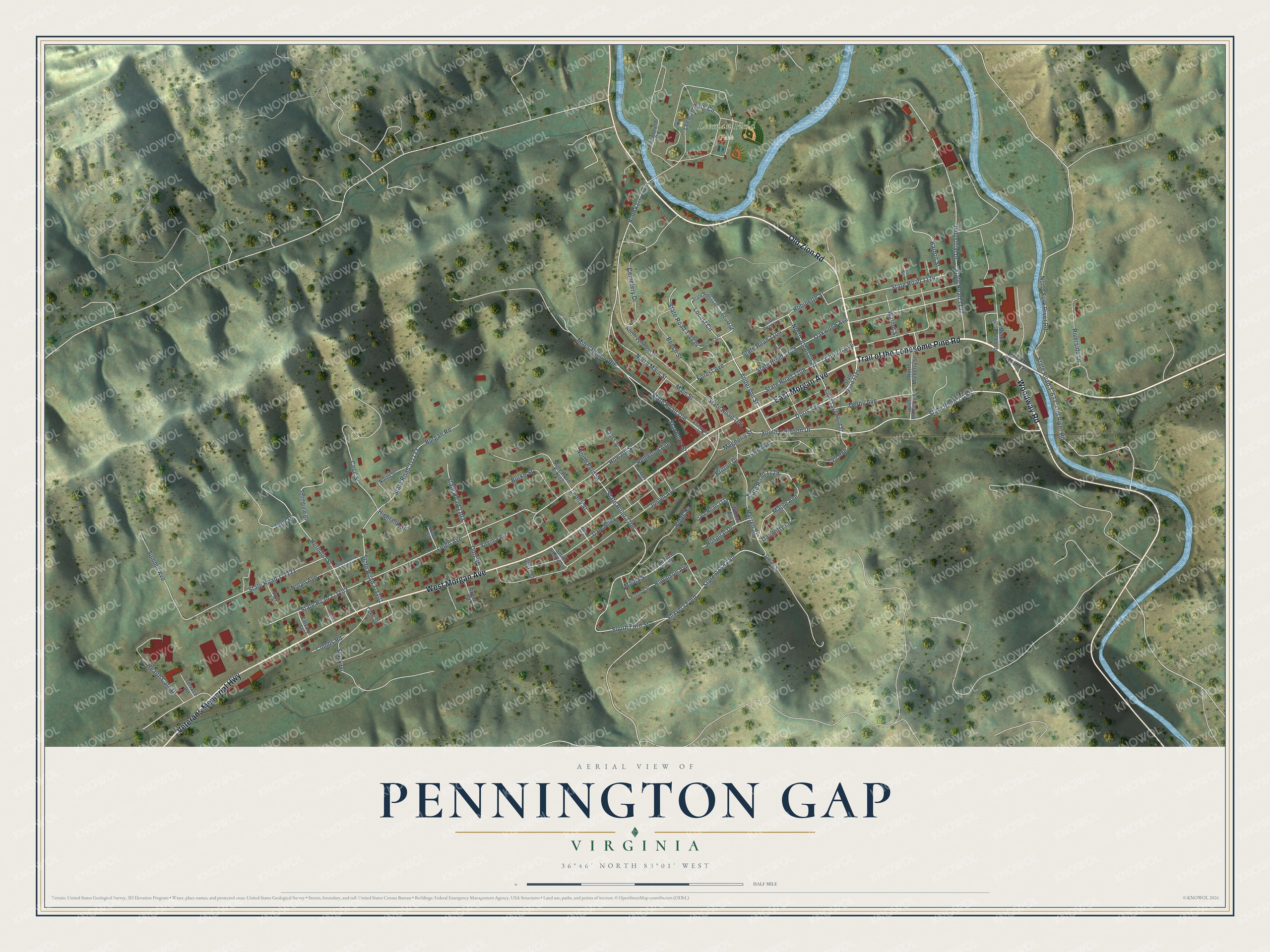 Full map of Pennington Gap, Virginia, with red buildings, printed street names and the land around them