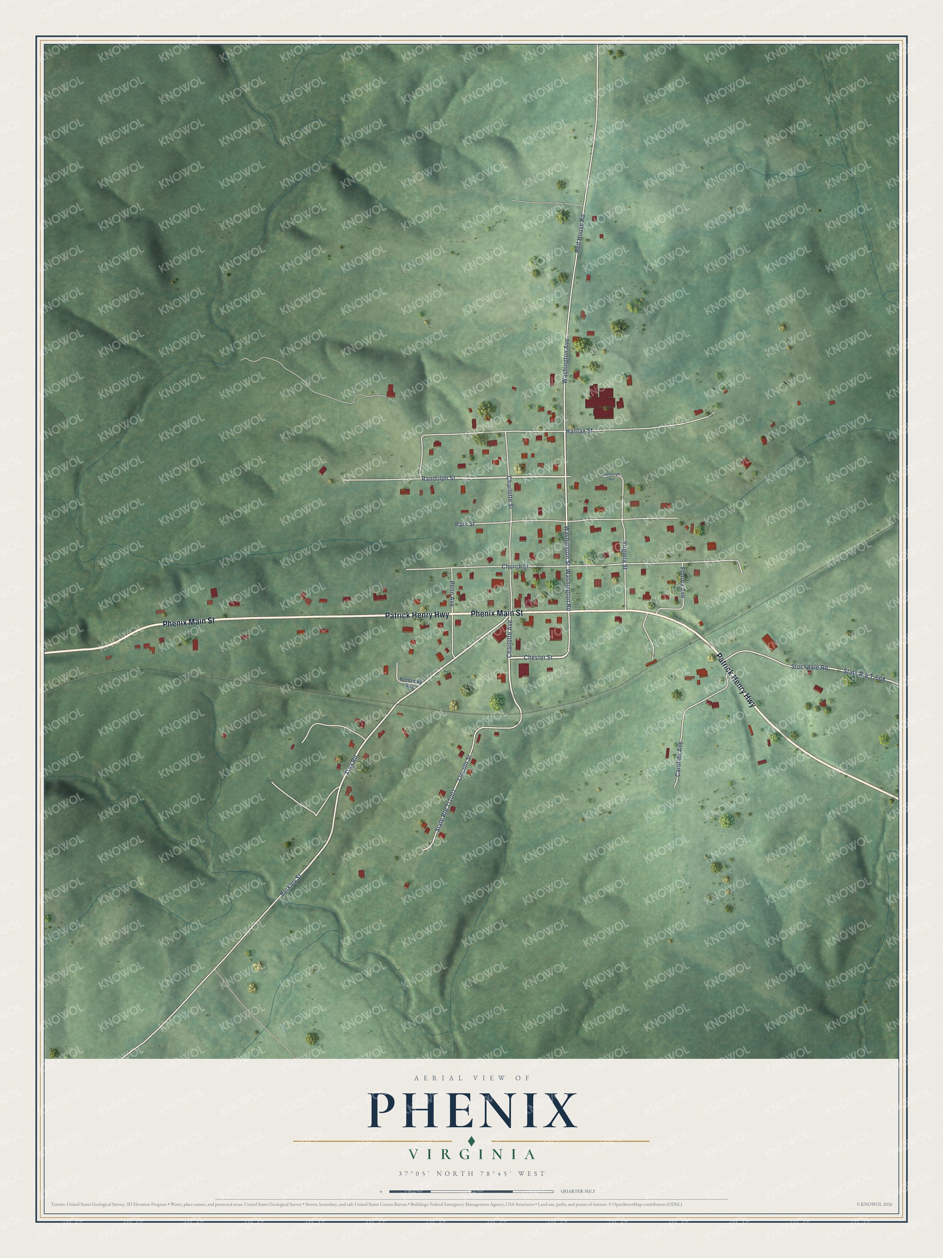 Full map of Phenix, Virginia, with red buildings, printed street names and the land around them