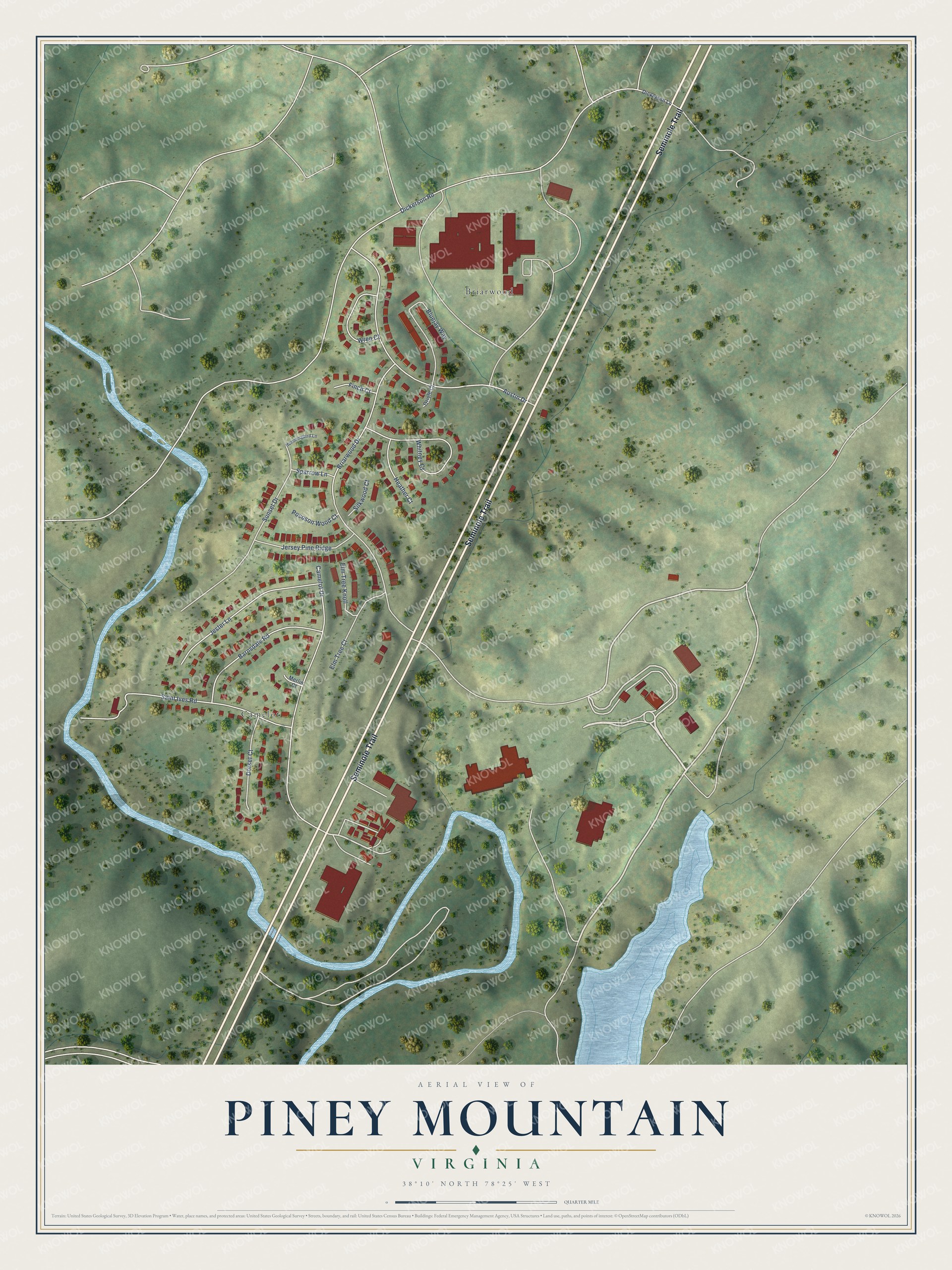 Full map of Piney Mountain, Virginia, with red buildings, printed street names and the land around them