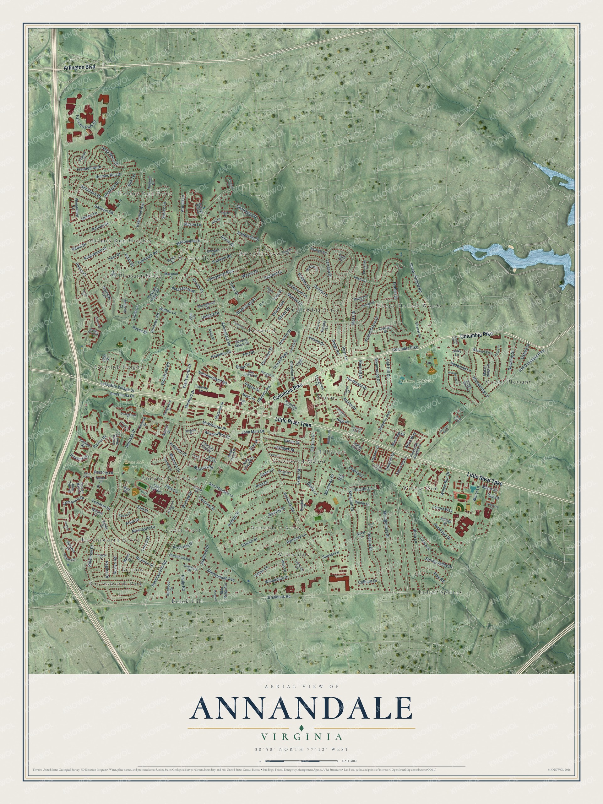 Full map of Annandale, Virginia, with red buildings, printed street names and the land around them