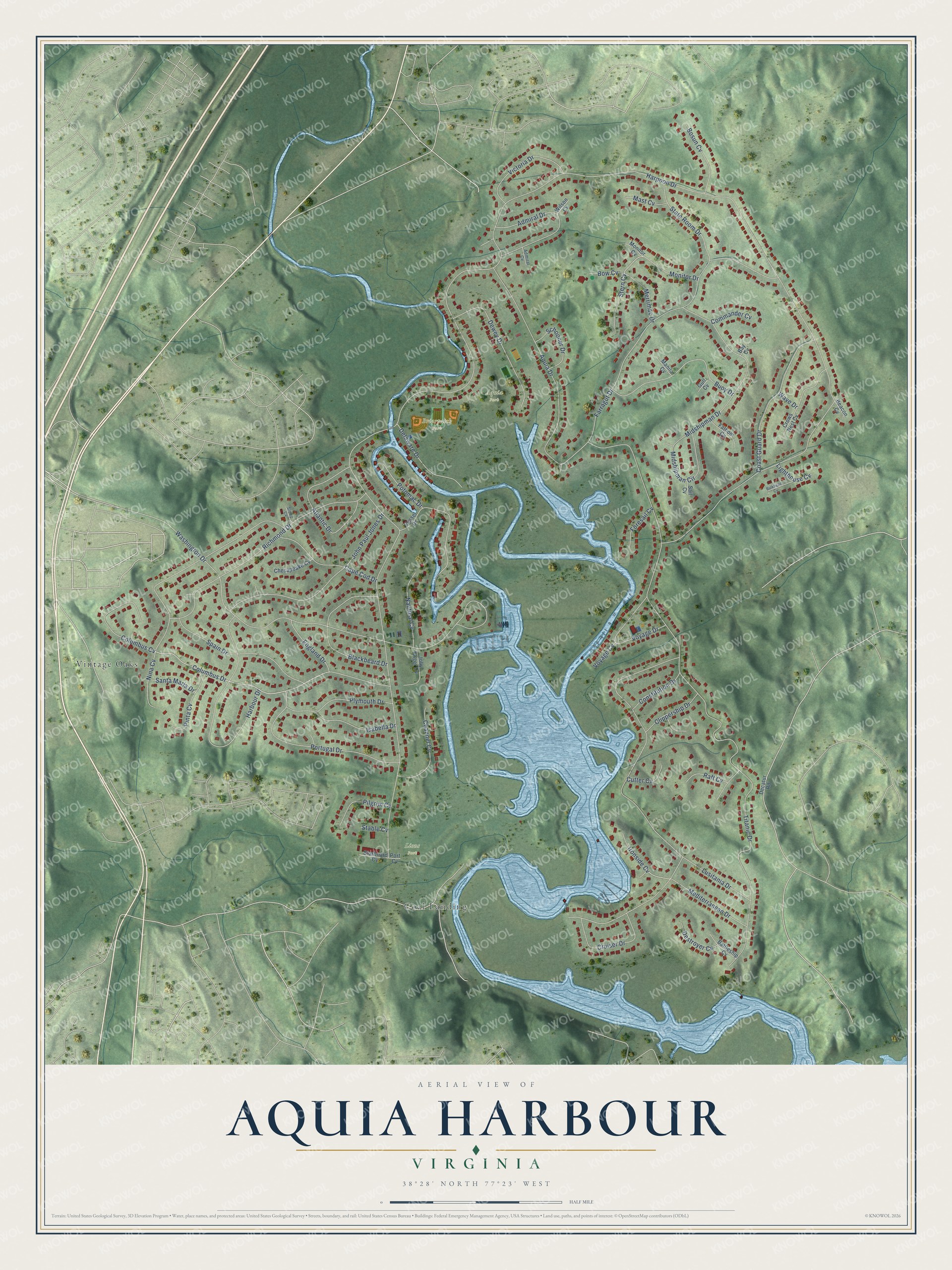 Full map of Aquia Harbour, Virginia, with red buildings, printed street names and the land around them