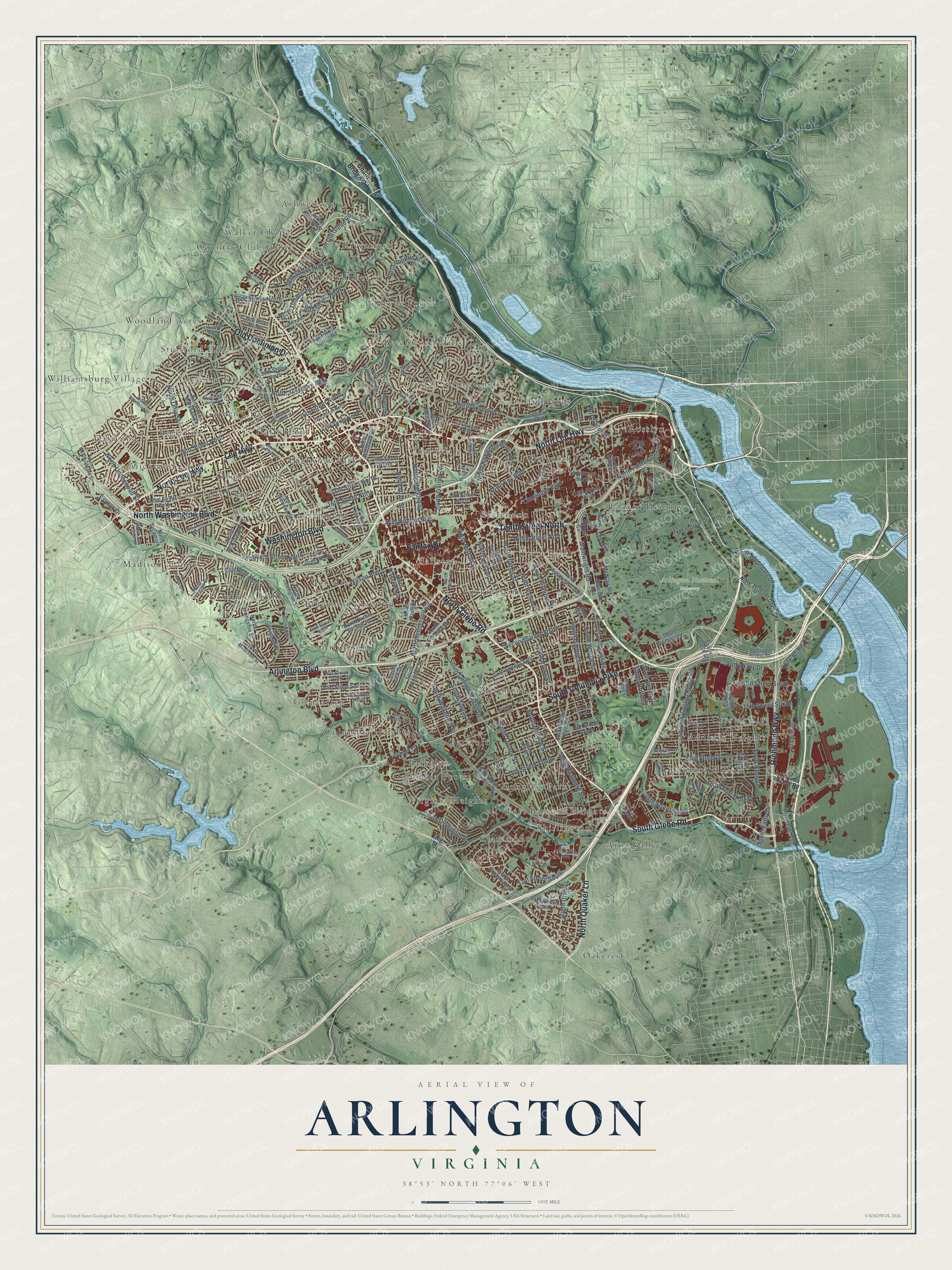 Full map of Arlington, Virginia, with red buildings, printed street names and the land around them