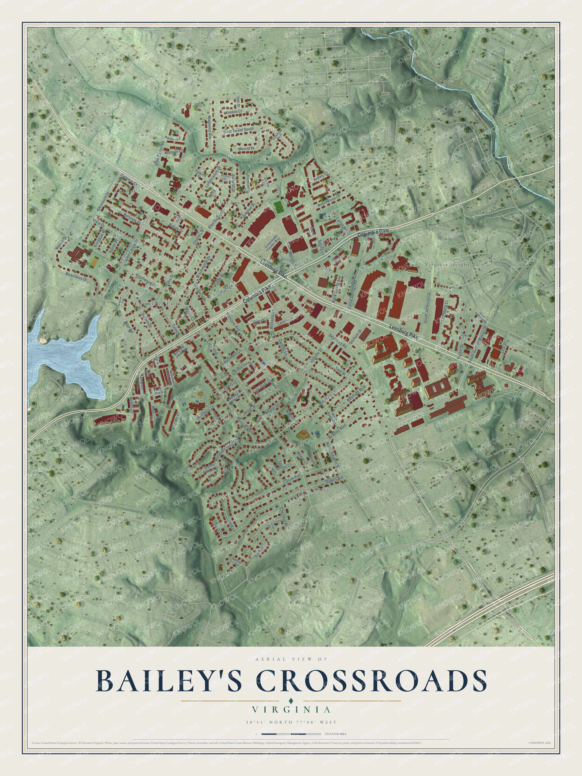Full map of Bailey's Crossroads, Virginia, with red buildings, printed street names and the land around them