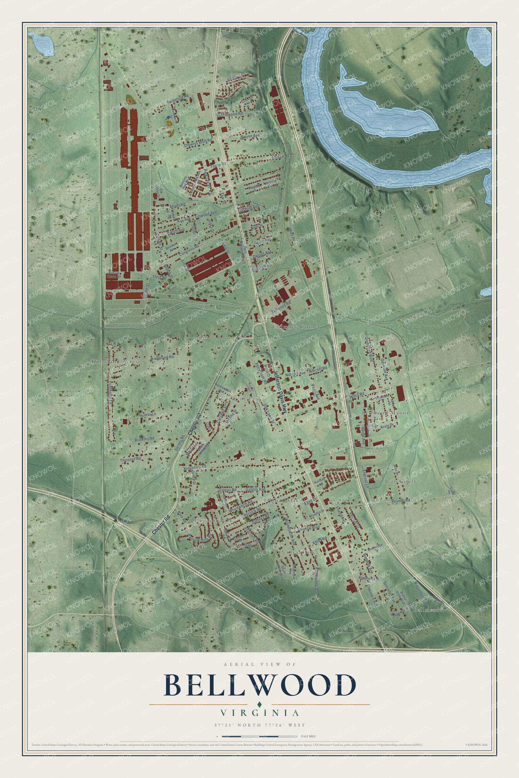 Full map of Bellwood, Virginia, with red buildings, printed street names and the land around them