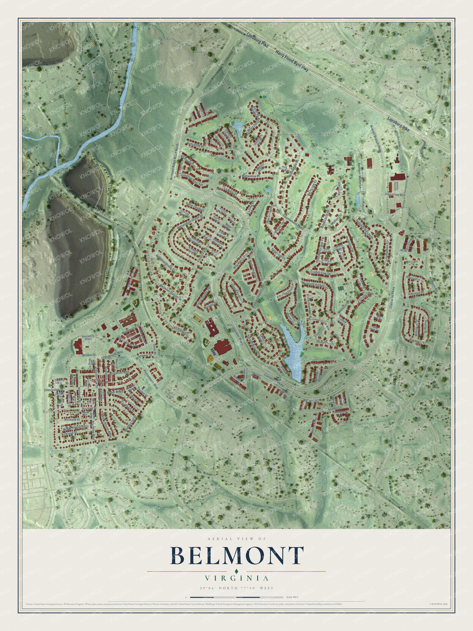 Full map of Belmont, Virginia, with red buildings, printed street names and the land around them