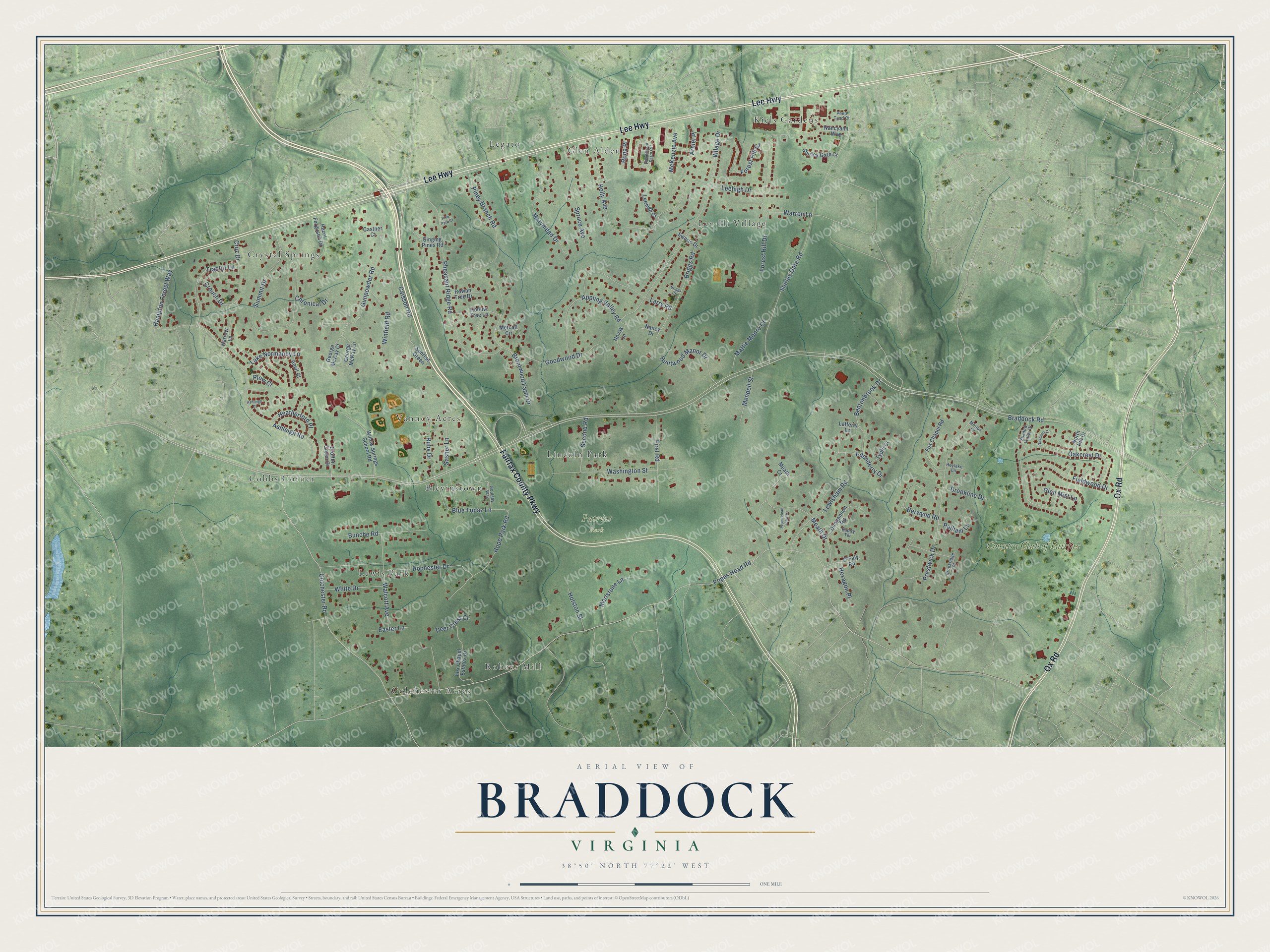 Full map of Braddock, Virginia, with red buildings, printed street names and the land around them