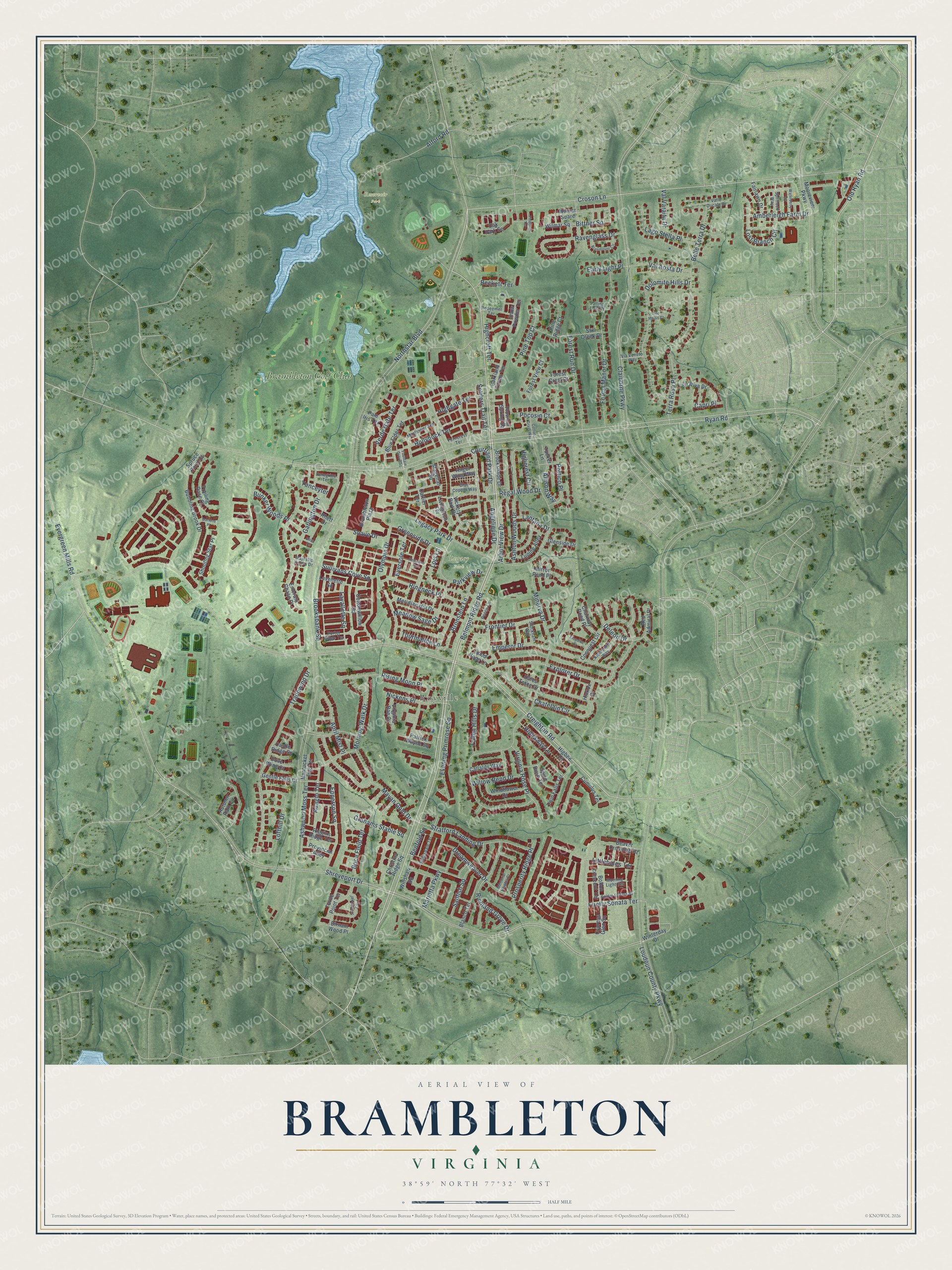 Full map of Brambleton, Virginia, with red buildings, printed street names and the land around them