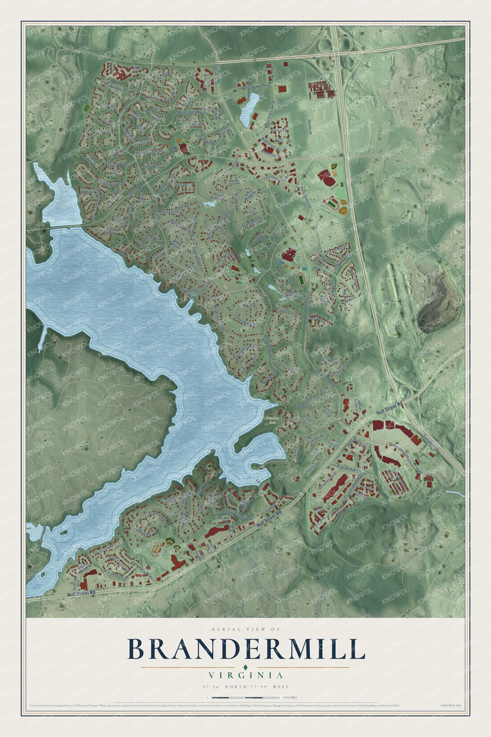 Full map of Brandermill, Virginia, with red buildings, printed street names and the land around them
