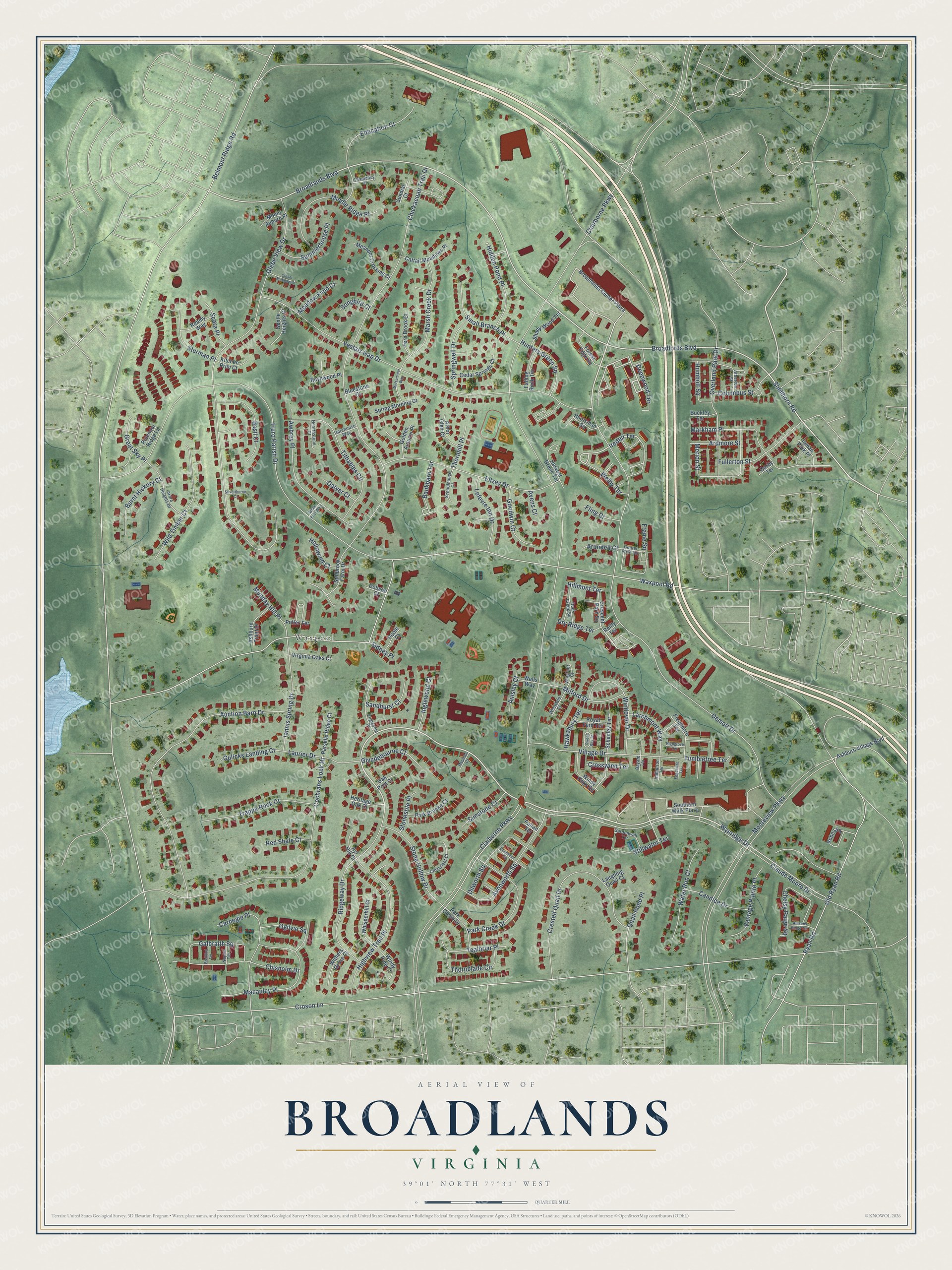 Full map of Broadlands, Virginia, with red buildings, printed street names and the land around them
