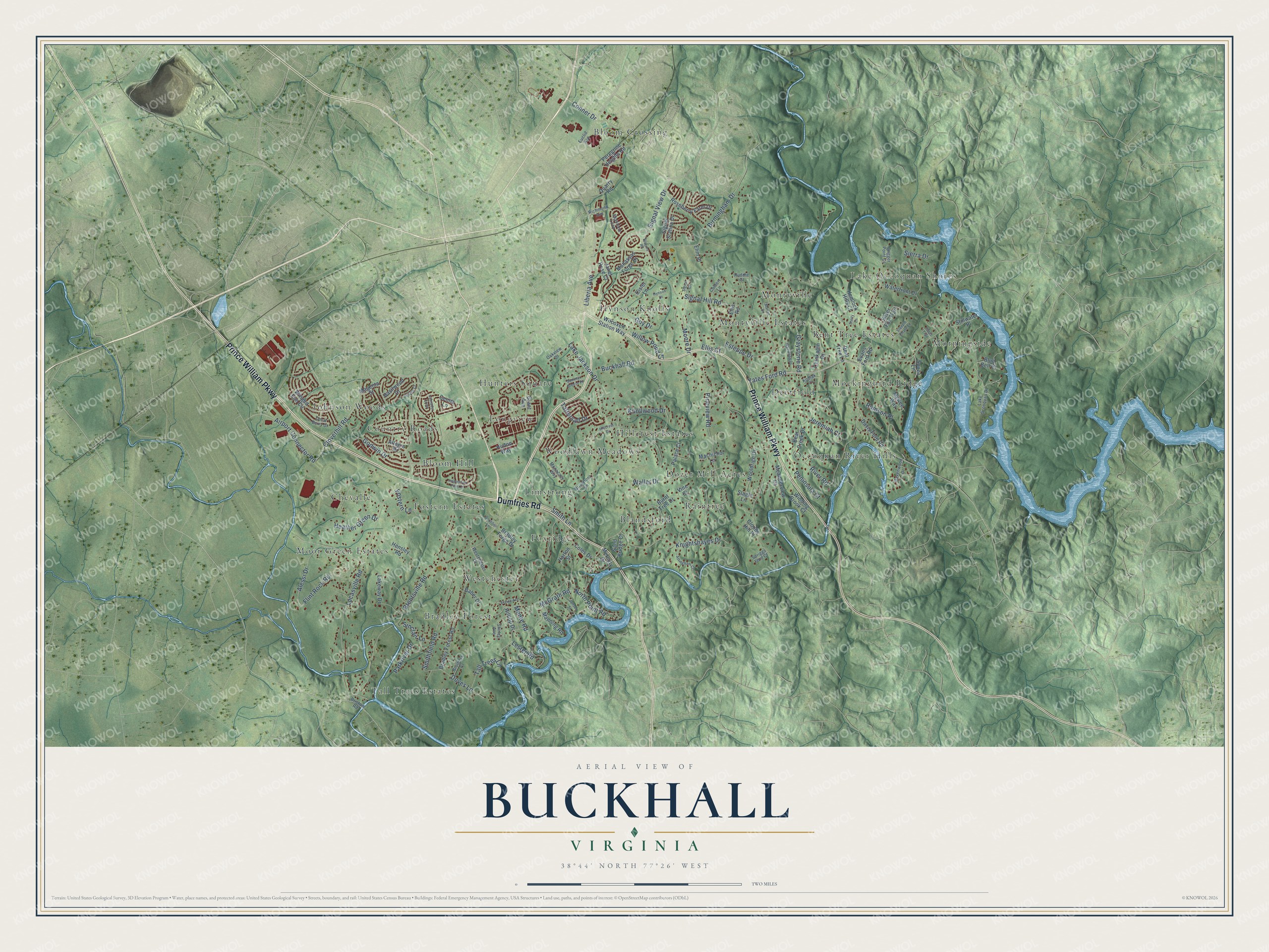 Full map of Buckhall, Virginia, with red buildings, printed street names and the land around them