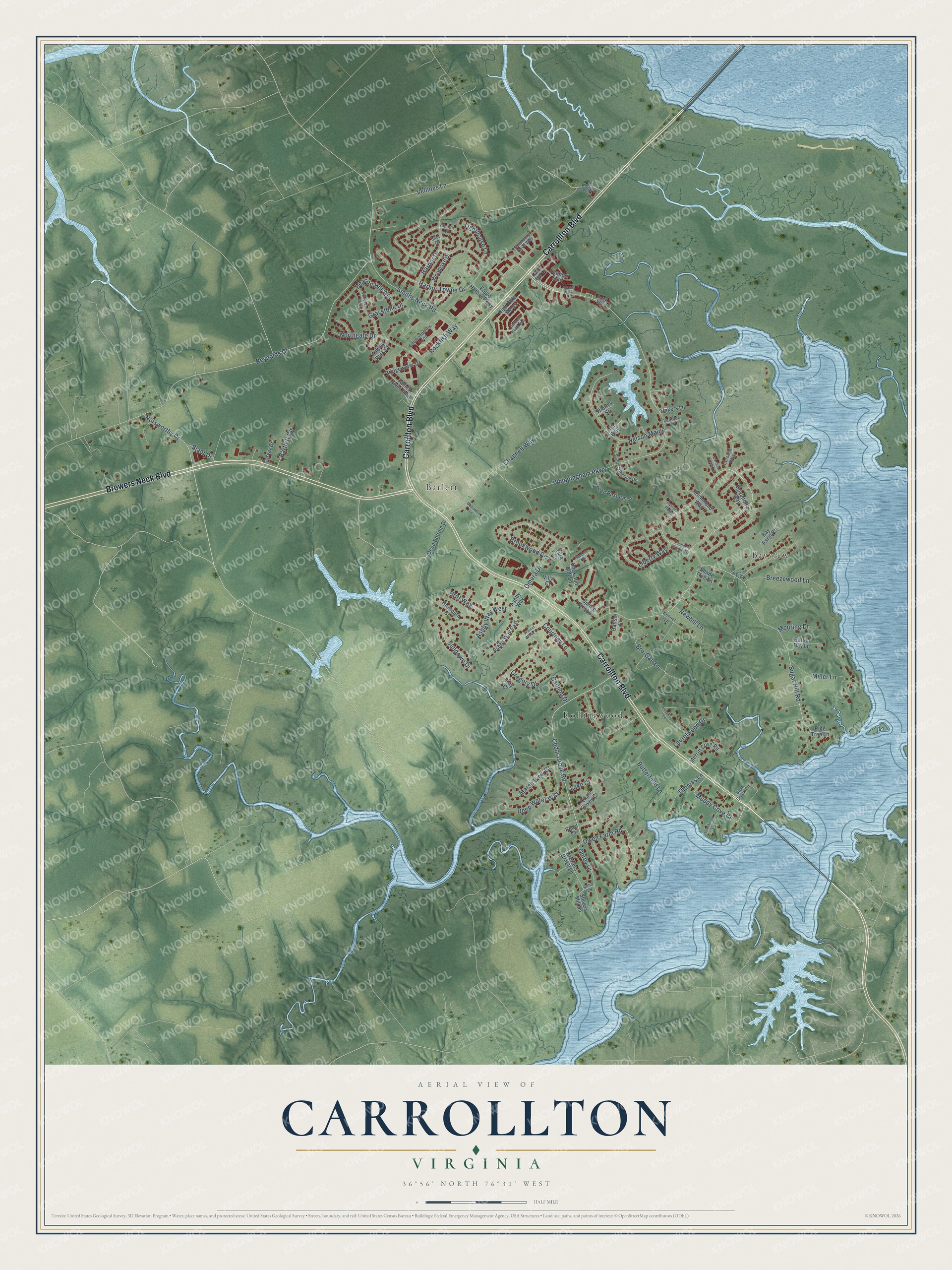 Full map of Carrollton, Virginia, with red buildings, printed street names and the land around them