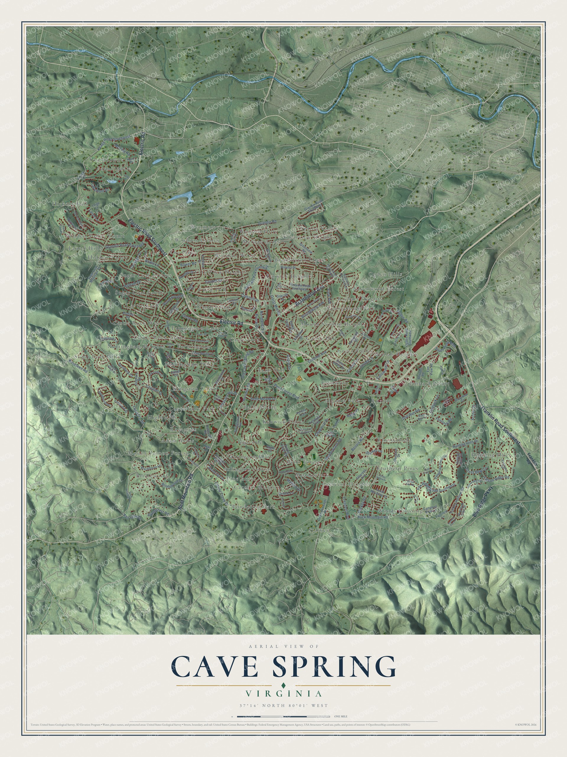Full map of Cave Spring, Virginia, with red buildings, printed street names and the land around them