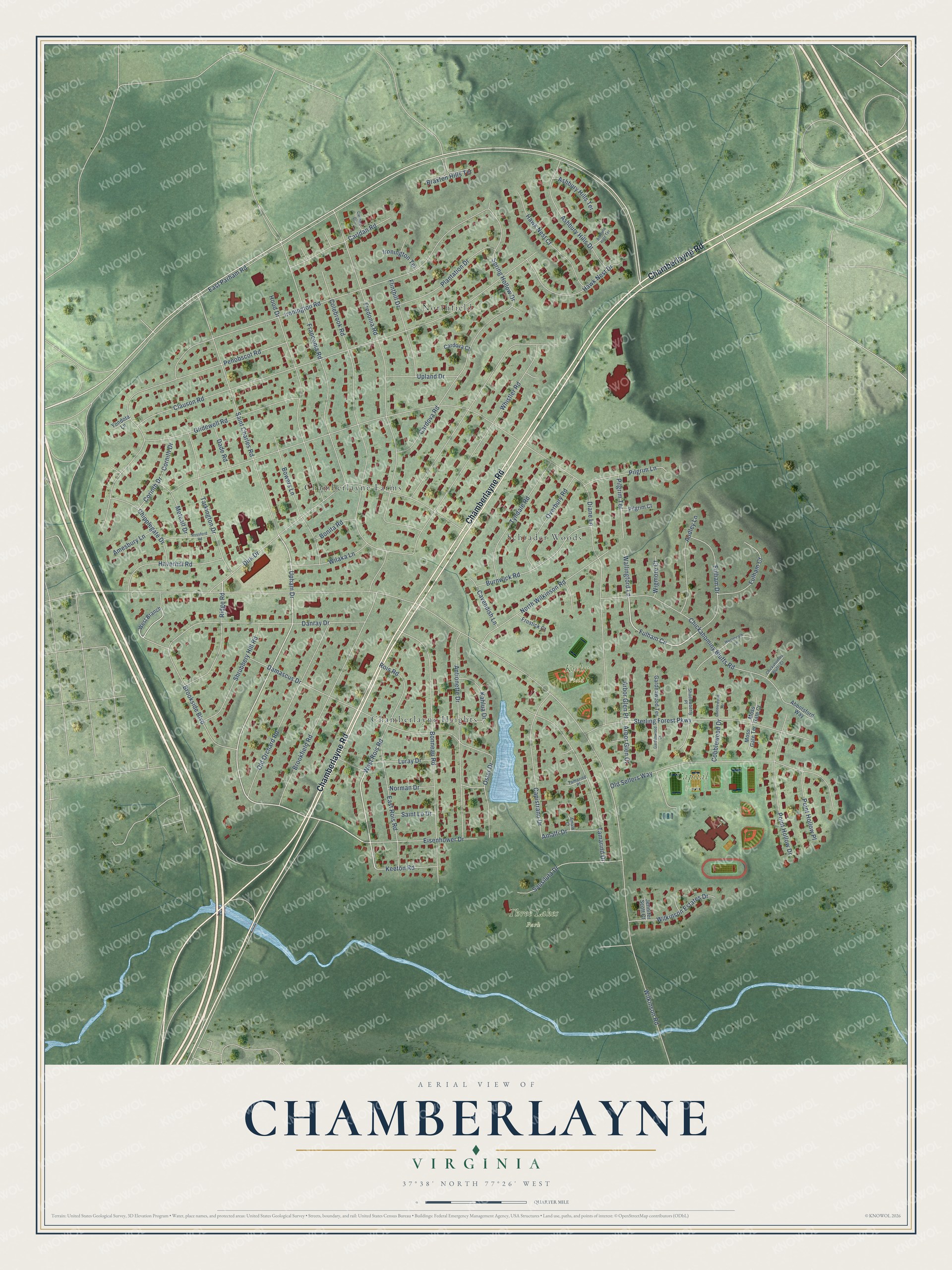 Full map of Chamberlayne, Virginia, with red buildings, printed street names and the land around them