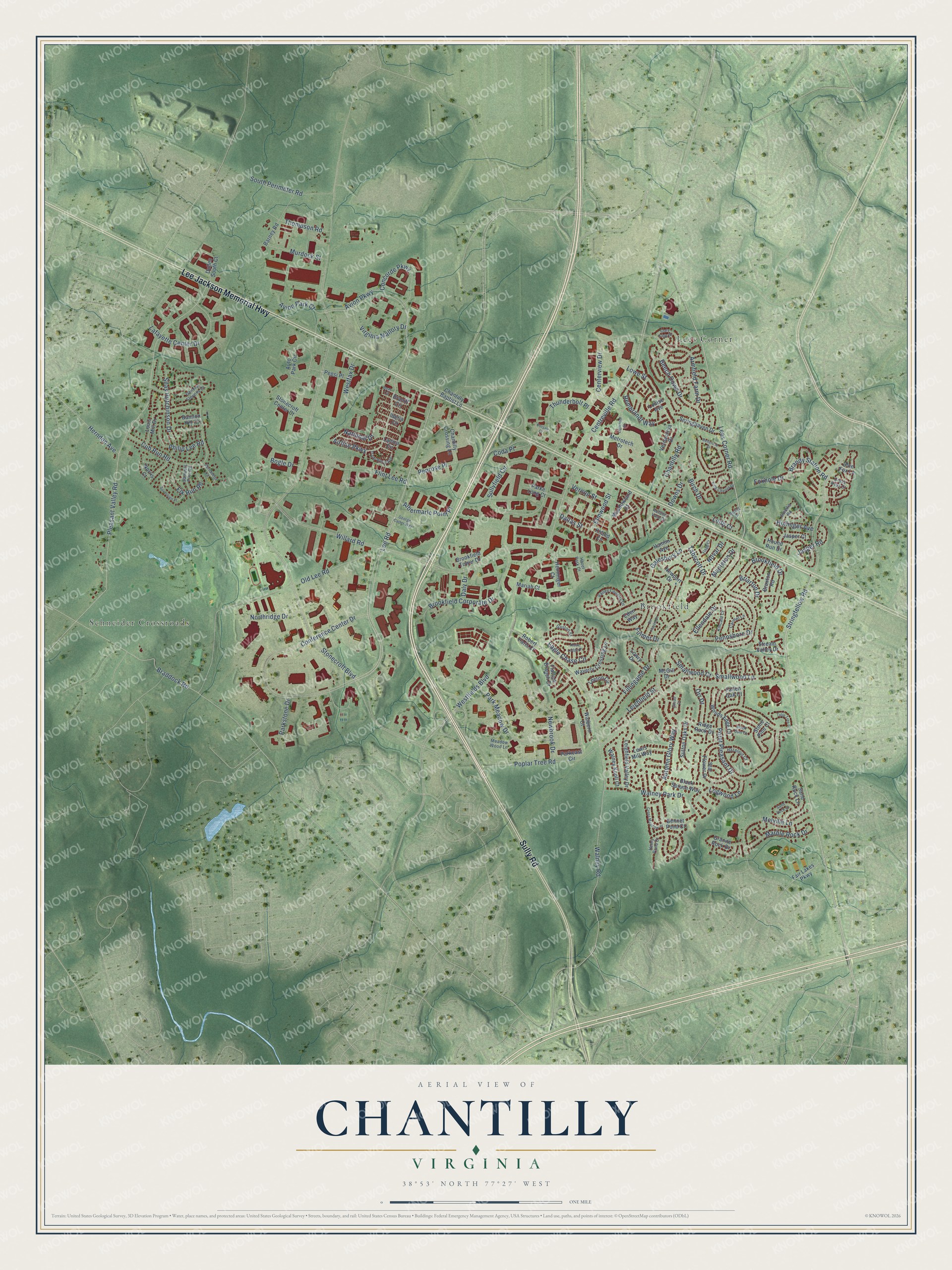 Full map of Chantilly, Virginia, with red buildings, printed street names and the land around them