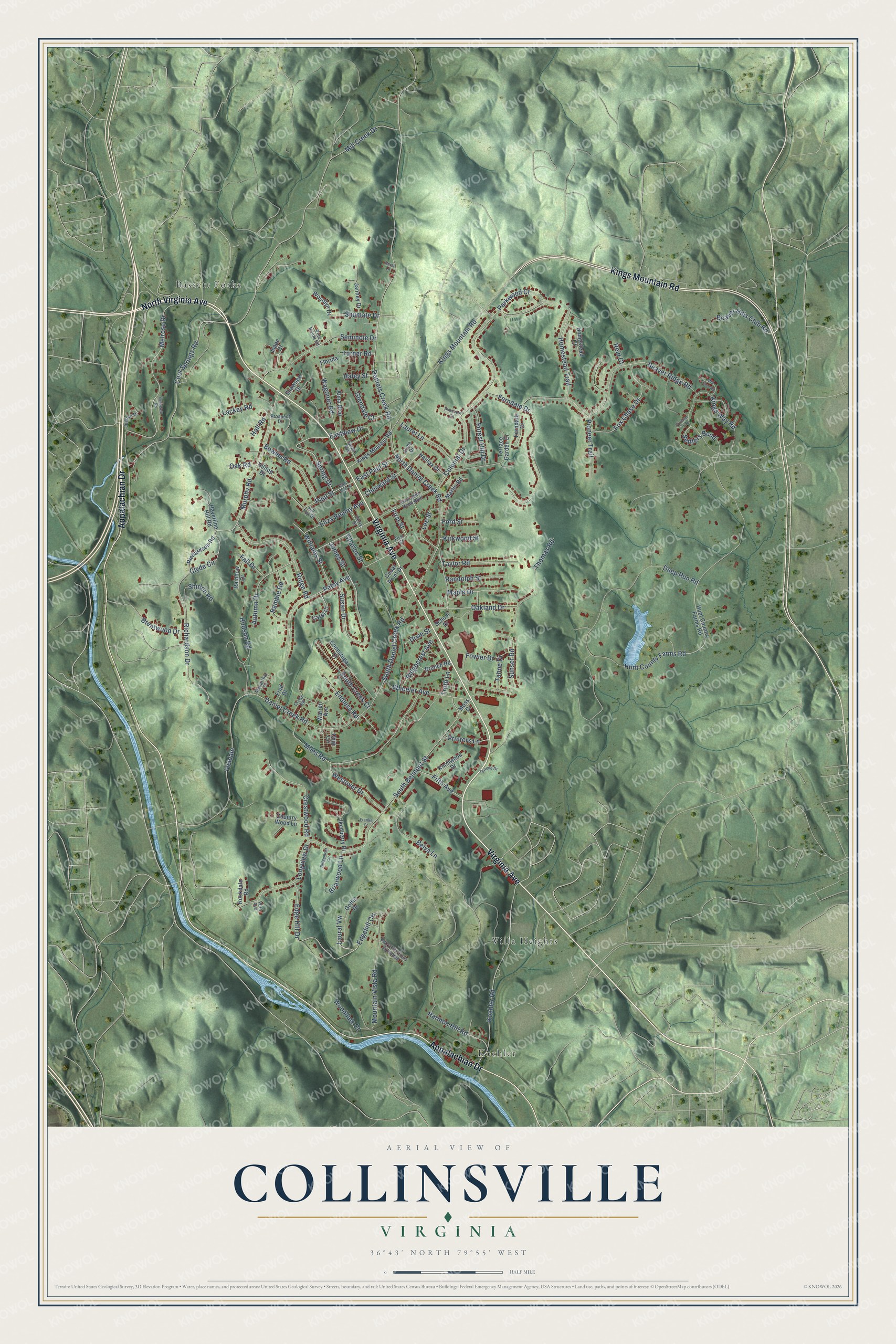 Full map of Collinsville, Virginia, with red buildings, printed street names and the land around them