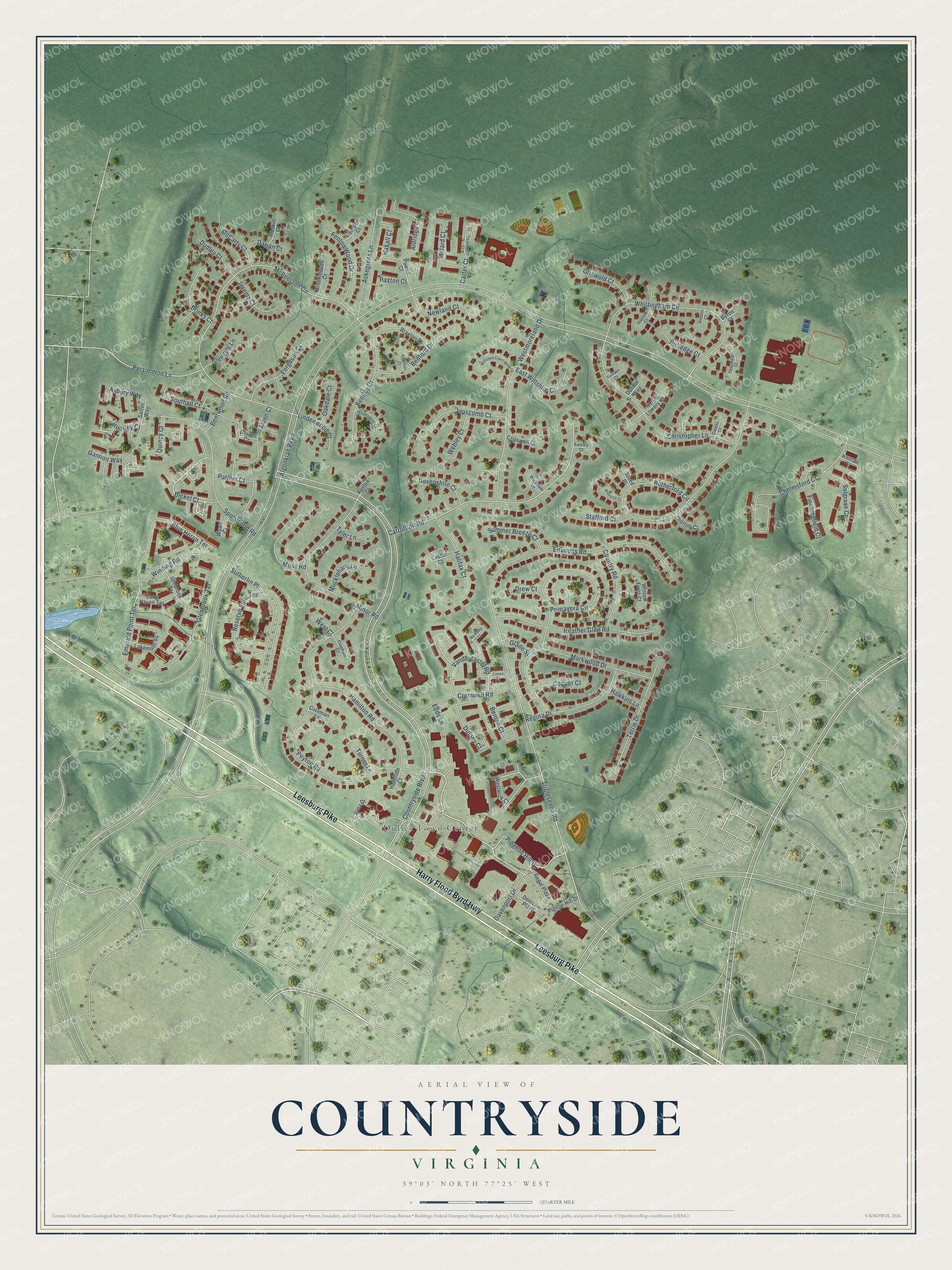 Full map of Countryside, Virginia, with red buildings, printed street names and the land around them