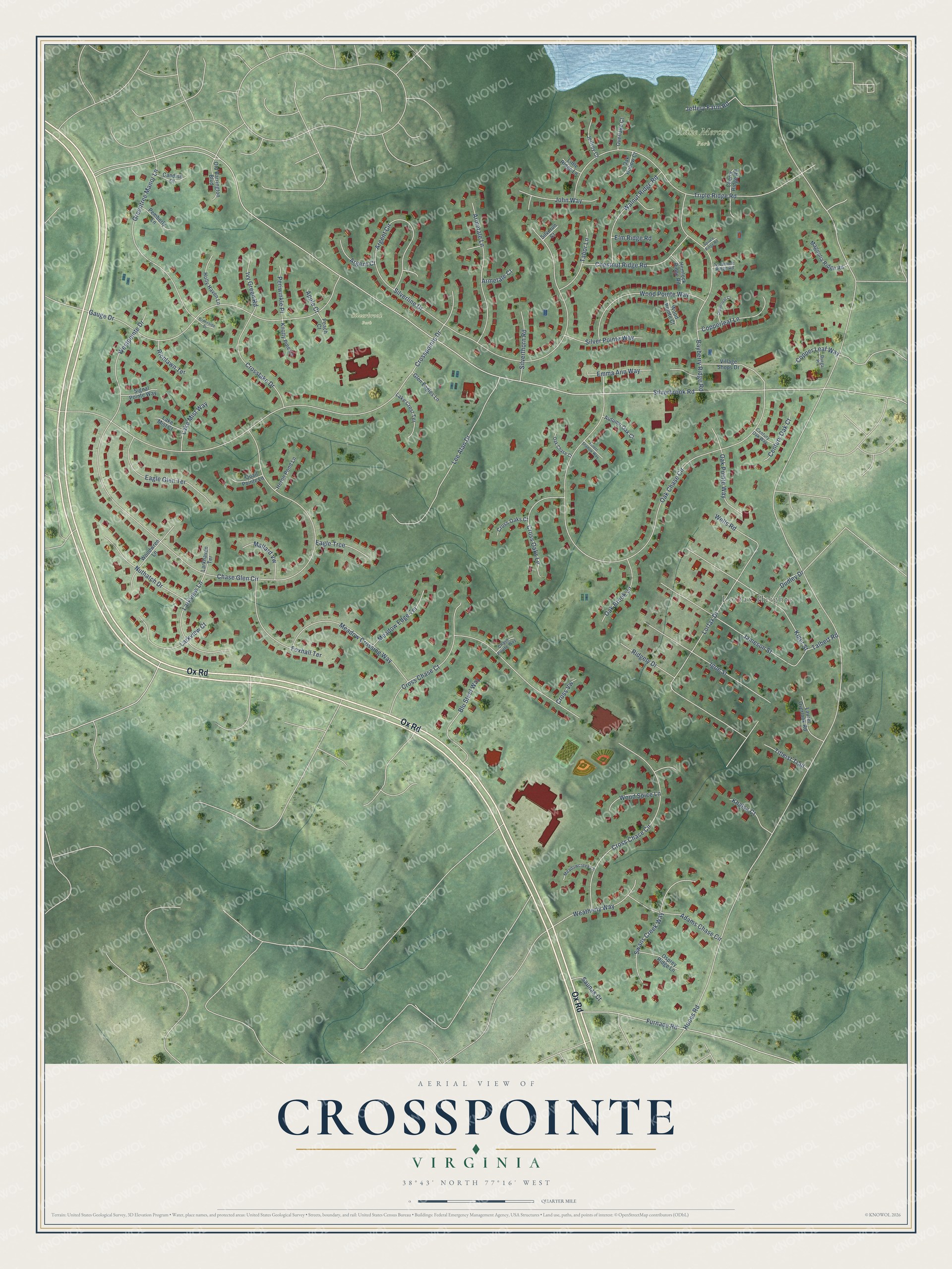 Full map of Crosspointe, Virginia, with red buildings, printed street names and the land around them
