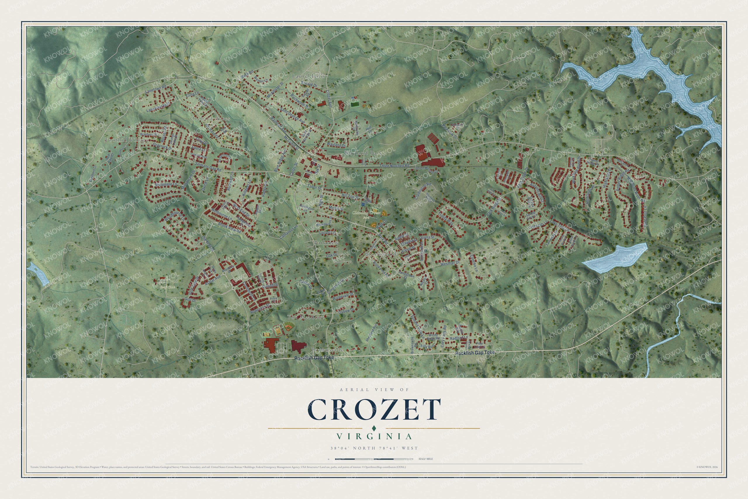 Full map of Crozet, Virginia, with red buildings, printed street names and the land around them