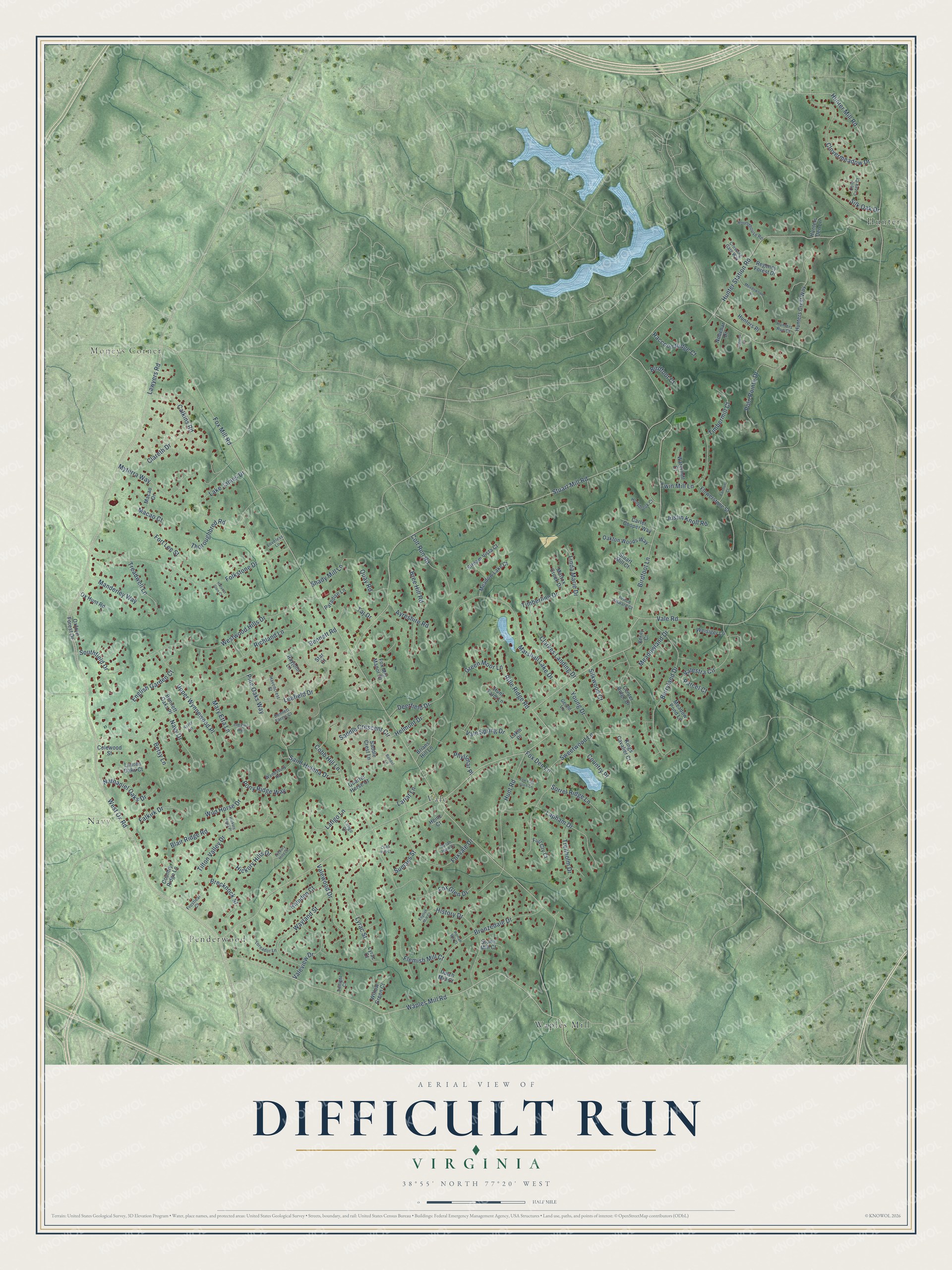Full map of Difficult Run, Virginia, with red buildings, printed street names and the land around them