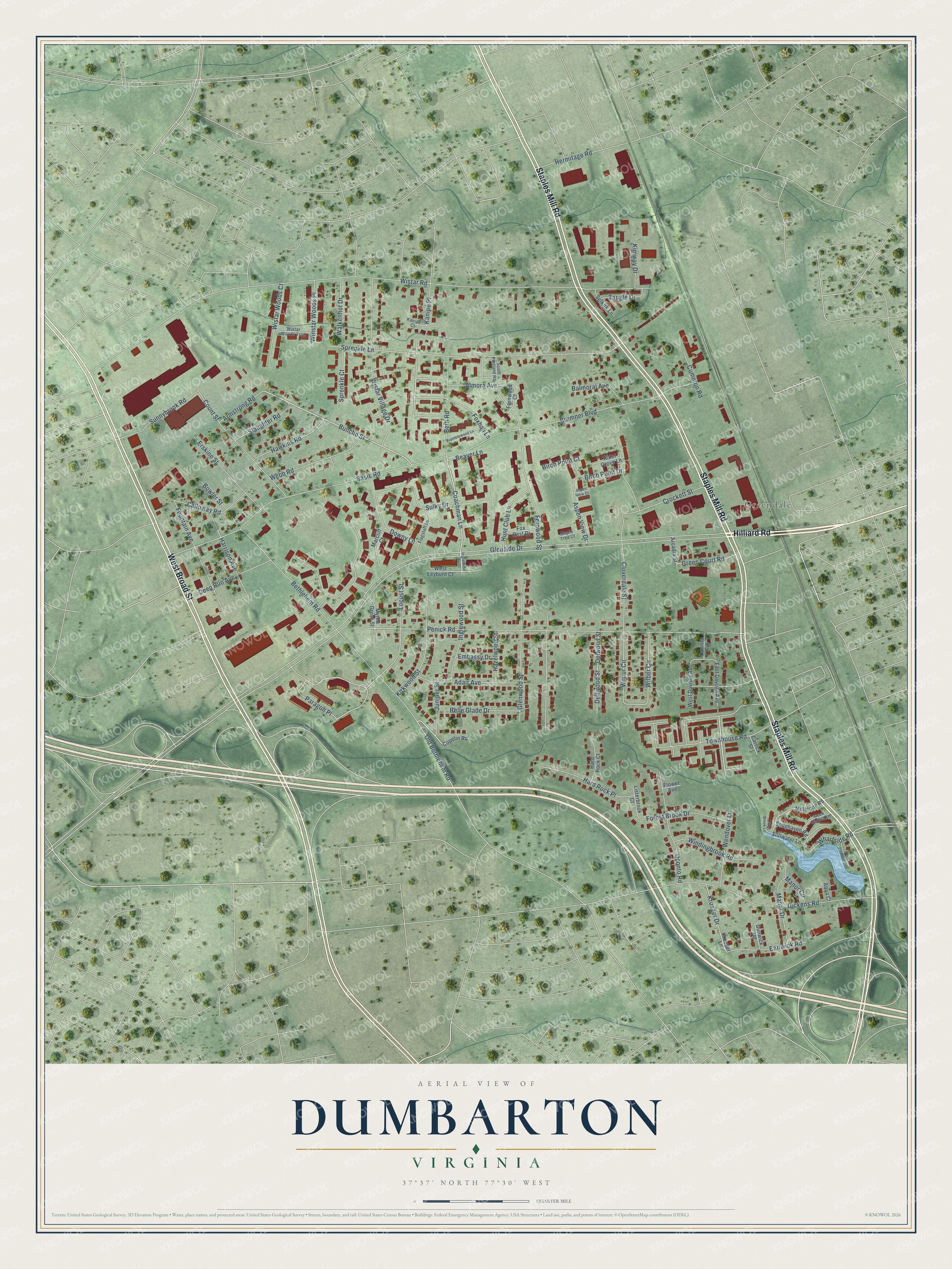Full map of Dumbarton, Virginia, with red buildings, printed street names and the land around them
