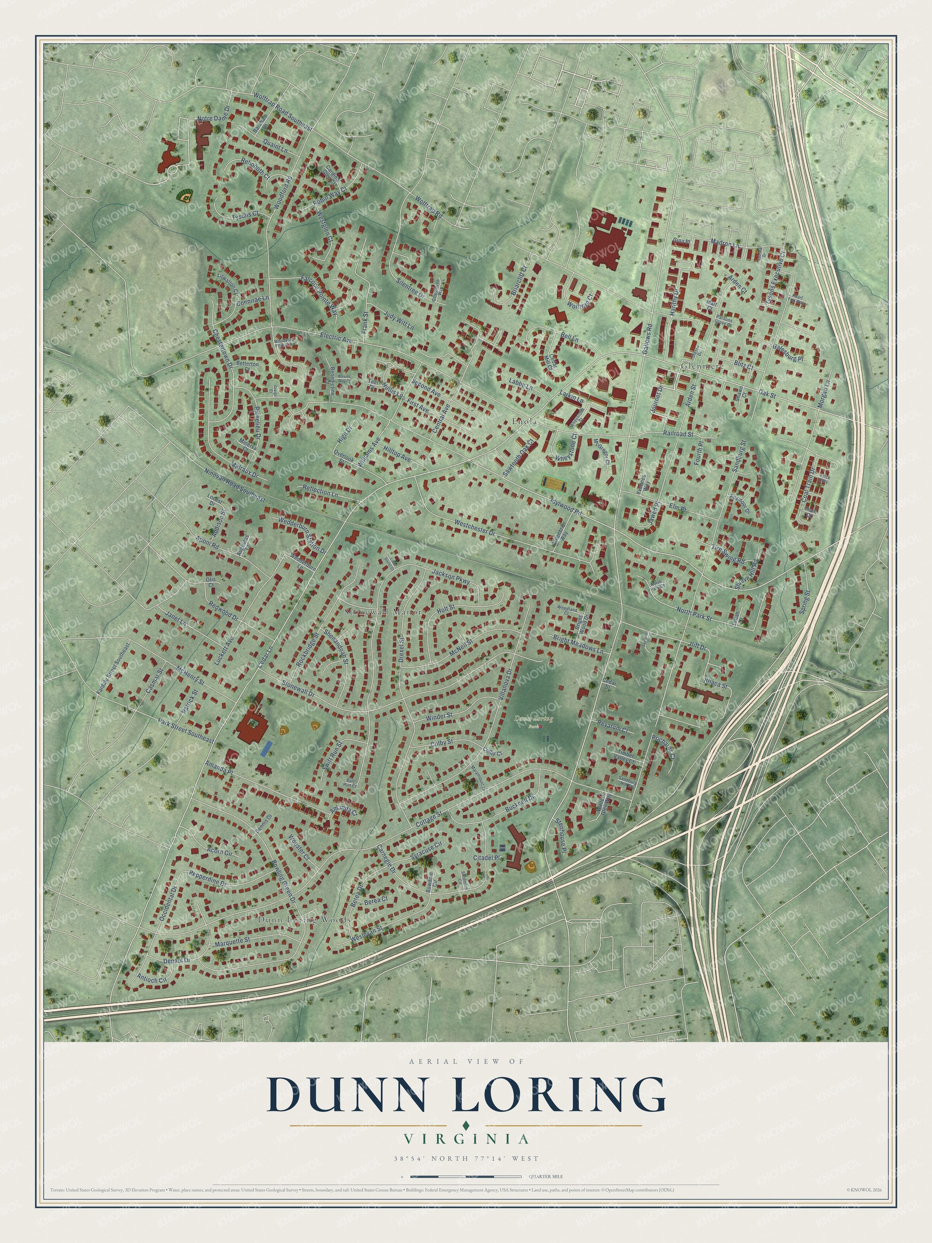 Full map of Dunn Loring, Virginia, with red buildings, printed street names and the land around them