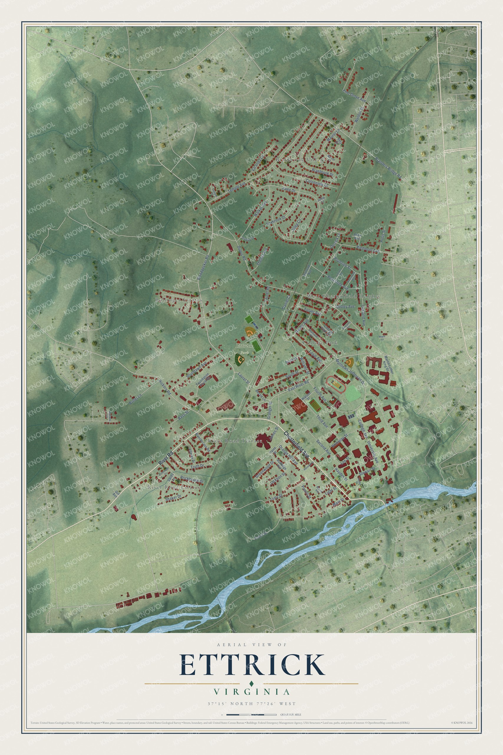 Full map of Ettrick, Virginia, with red buildings, printed street names and the land around them