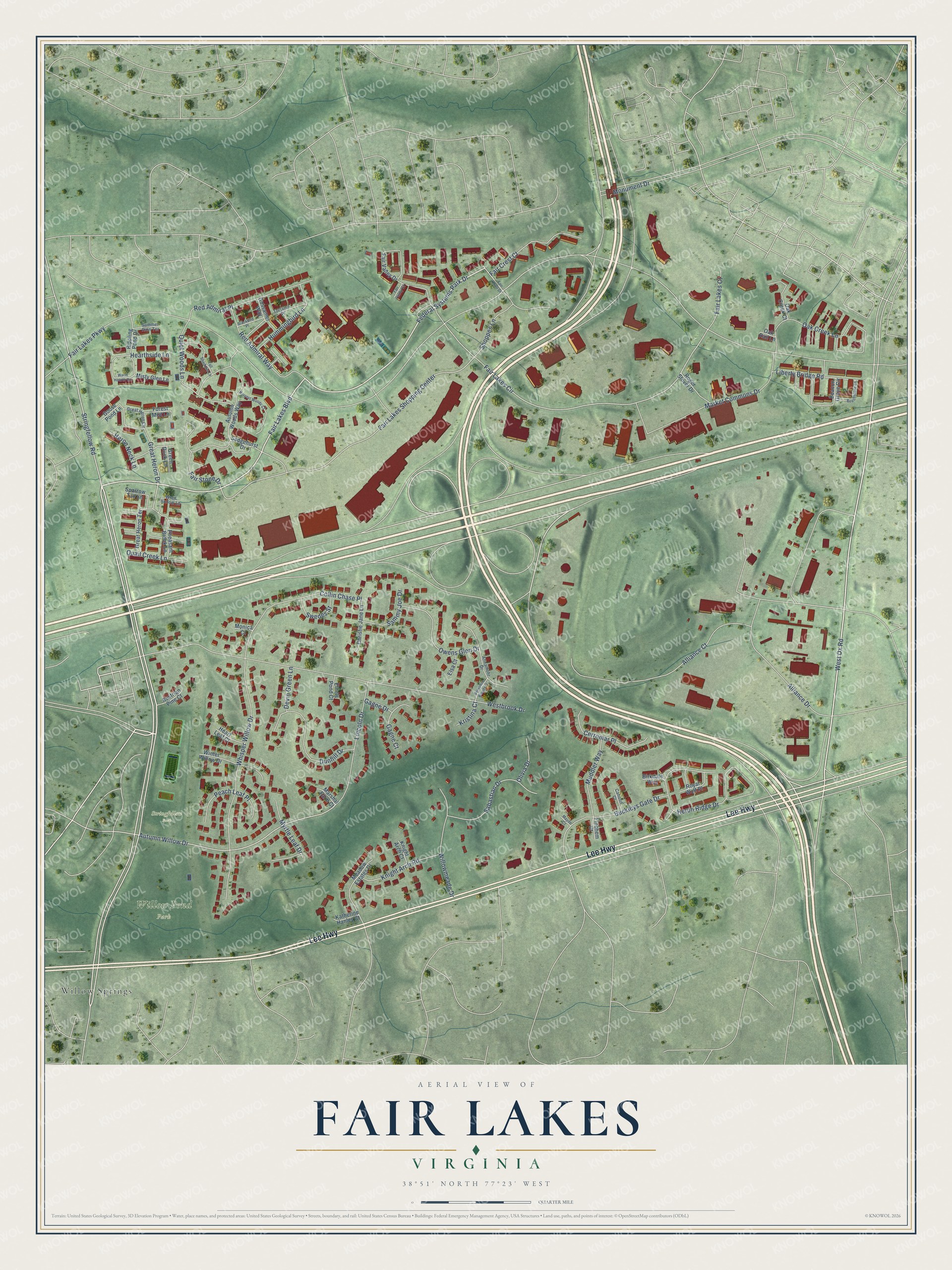 Full map of Fair Lakes, Virginia, with red buildings, printed street names and the land around them