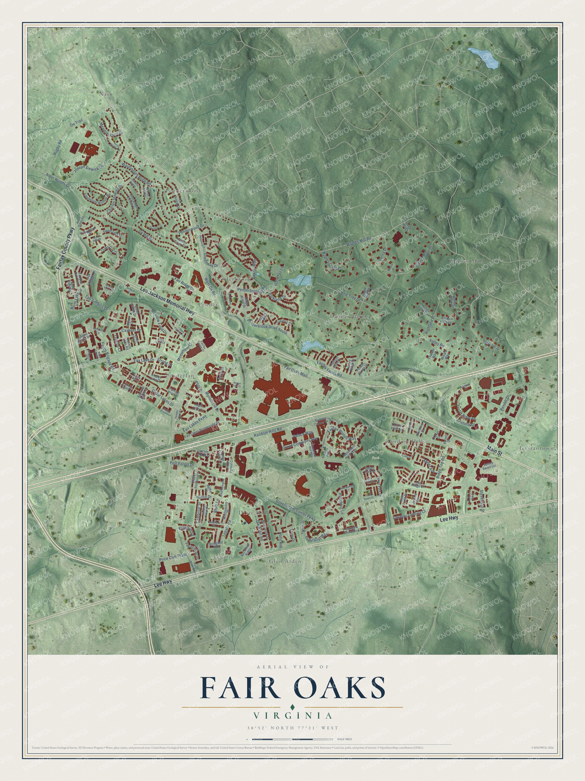 Full map of Fair Oaks, Virginia, with red buildings, printed street names and the land around them