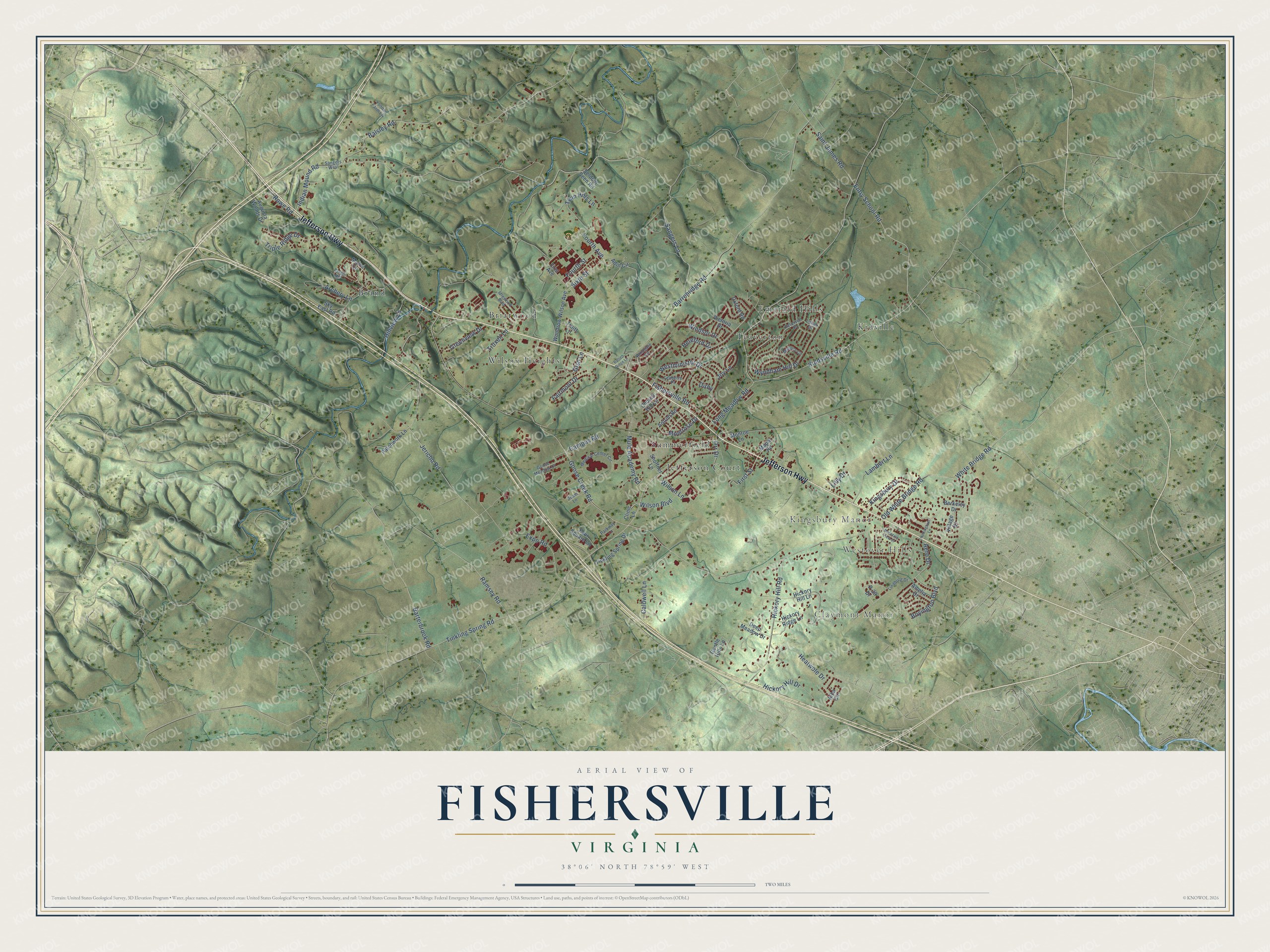 Full map of Fishersville, Virginia, with red buildings, printed street names and the land around them