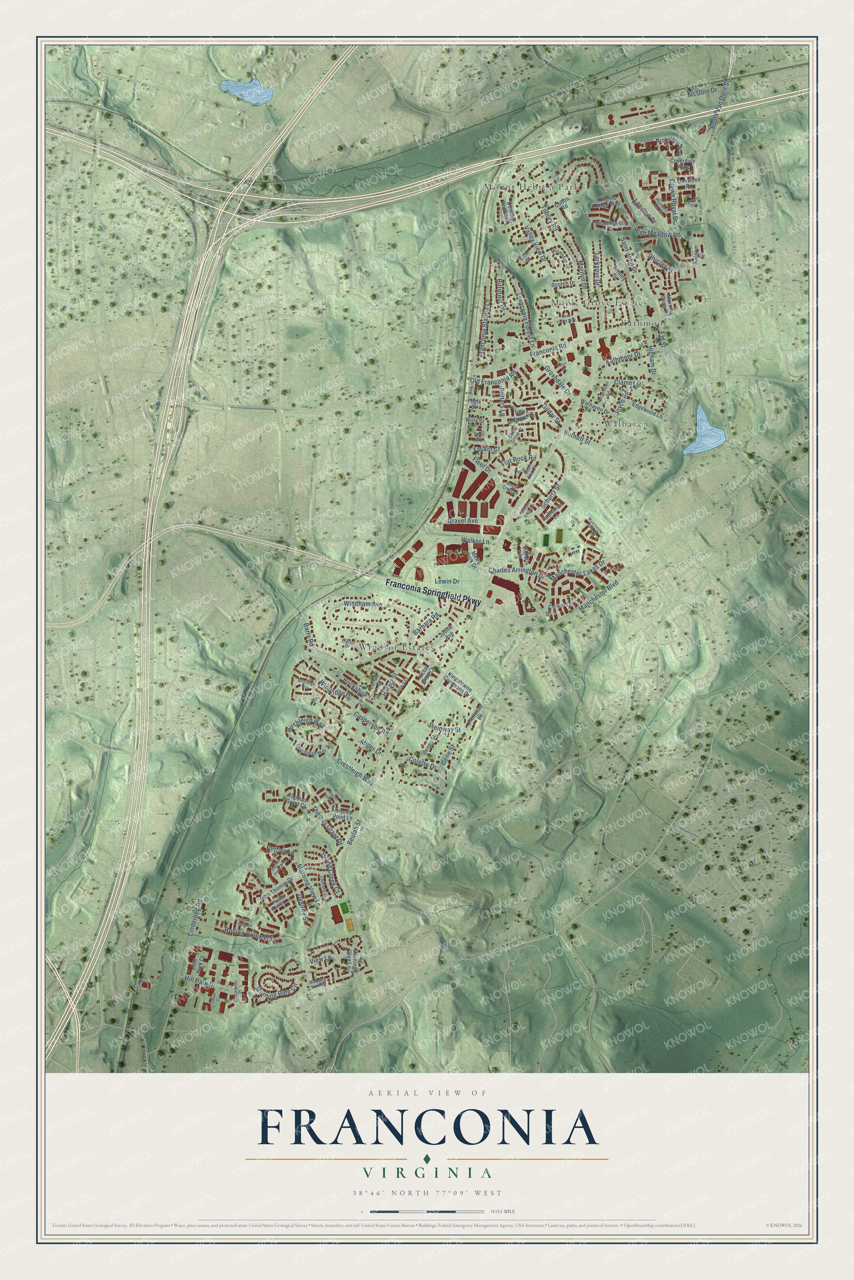 Full map of Franconia, Virginia, with red buildings, printed street names and the land around them