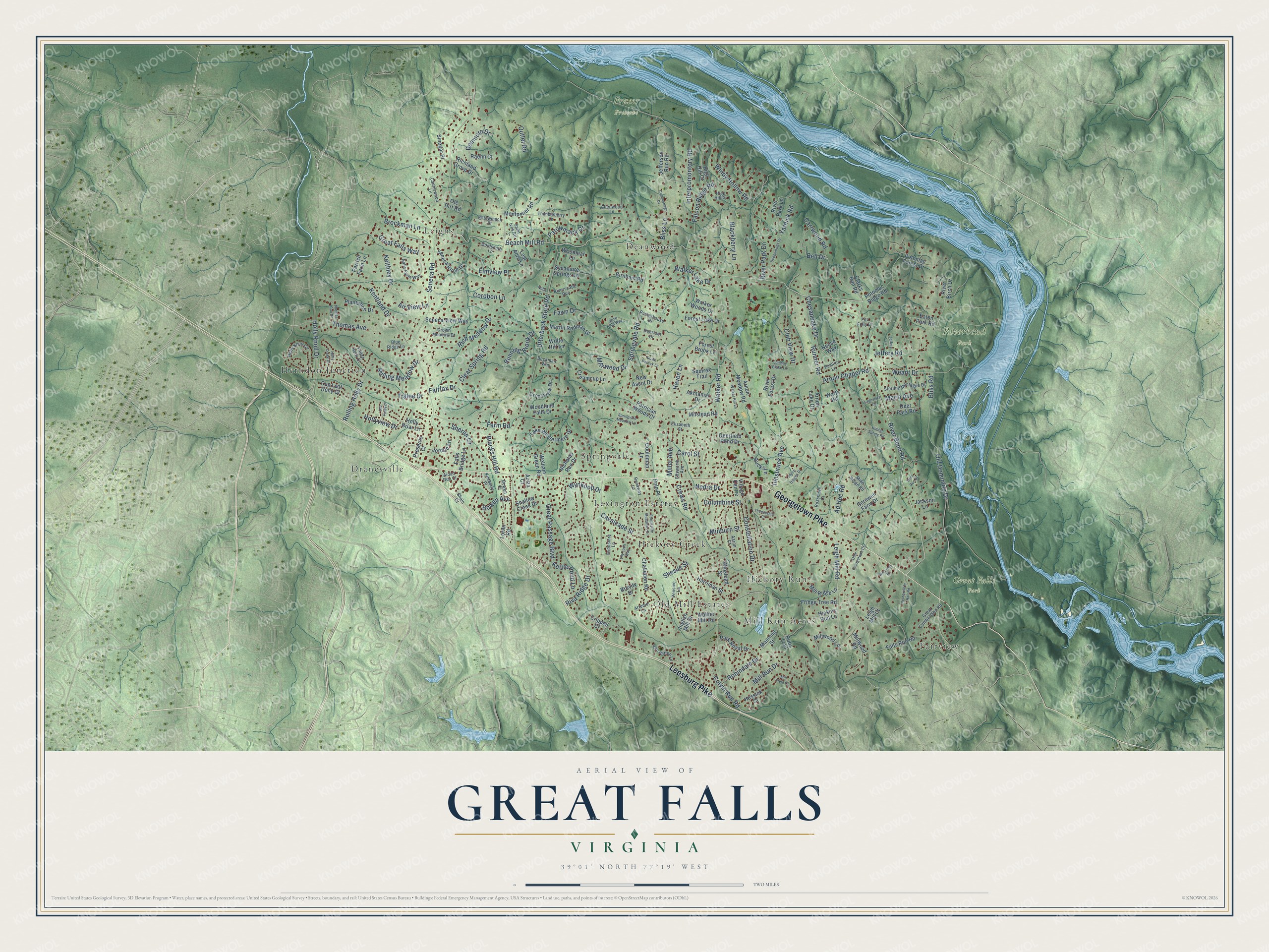Full map of Great Falls, Virginia, with red buildings, printed street names and the land around them