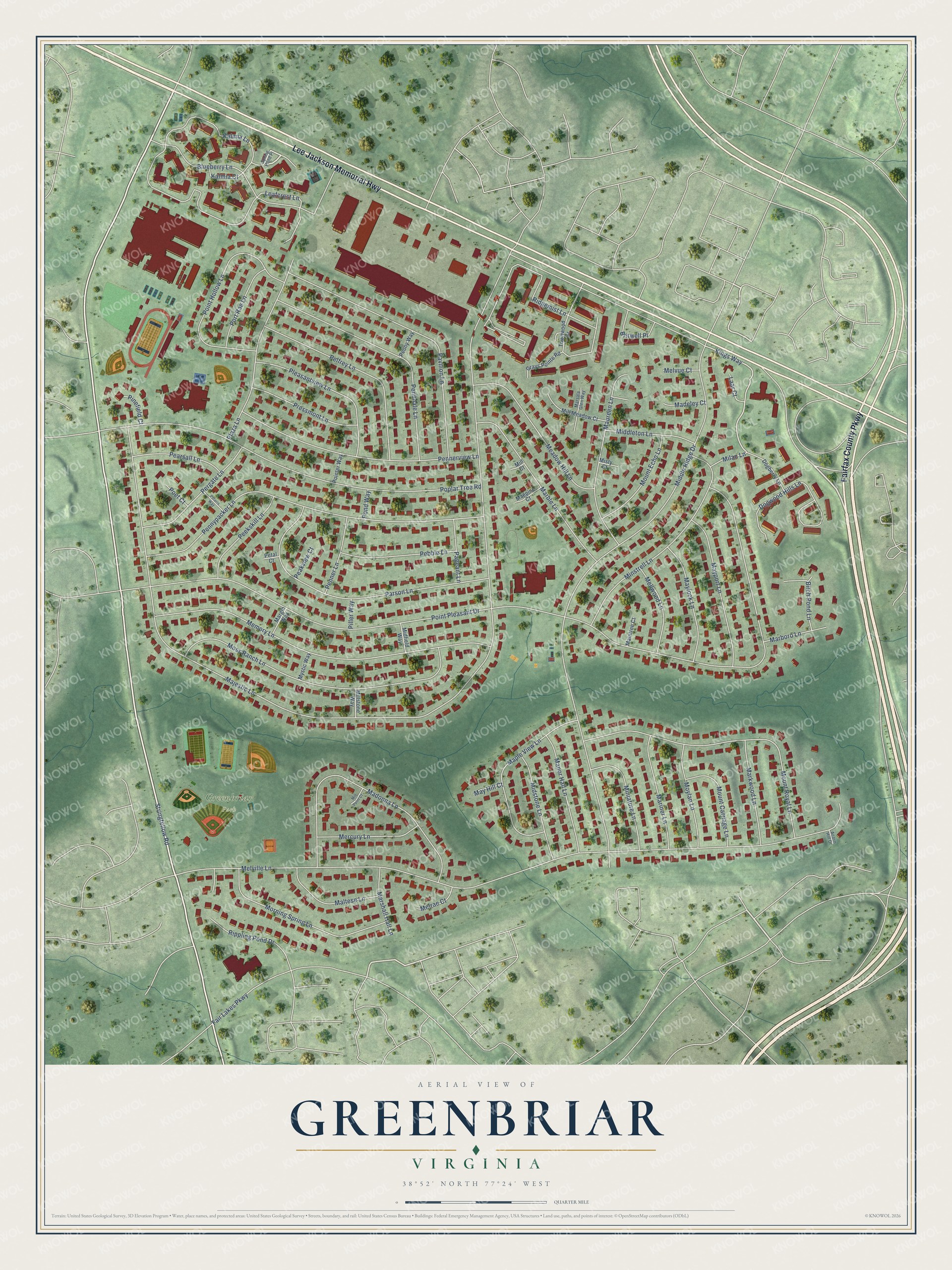 Full map of Greenbriar, Virginia, with red buildings, printed street names and the land around them