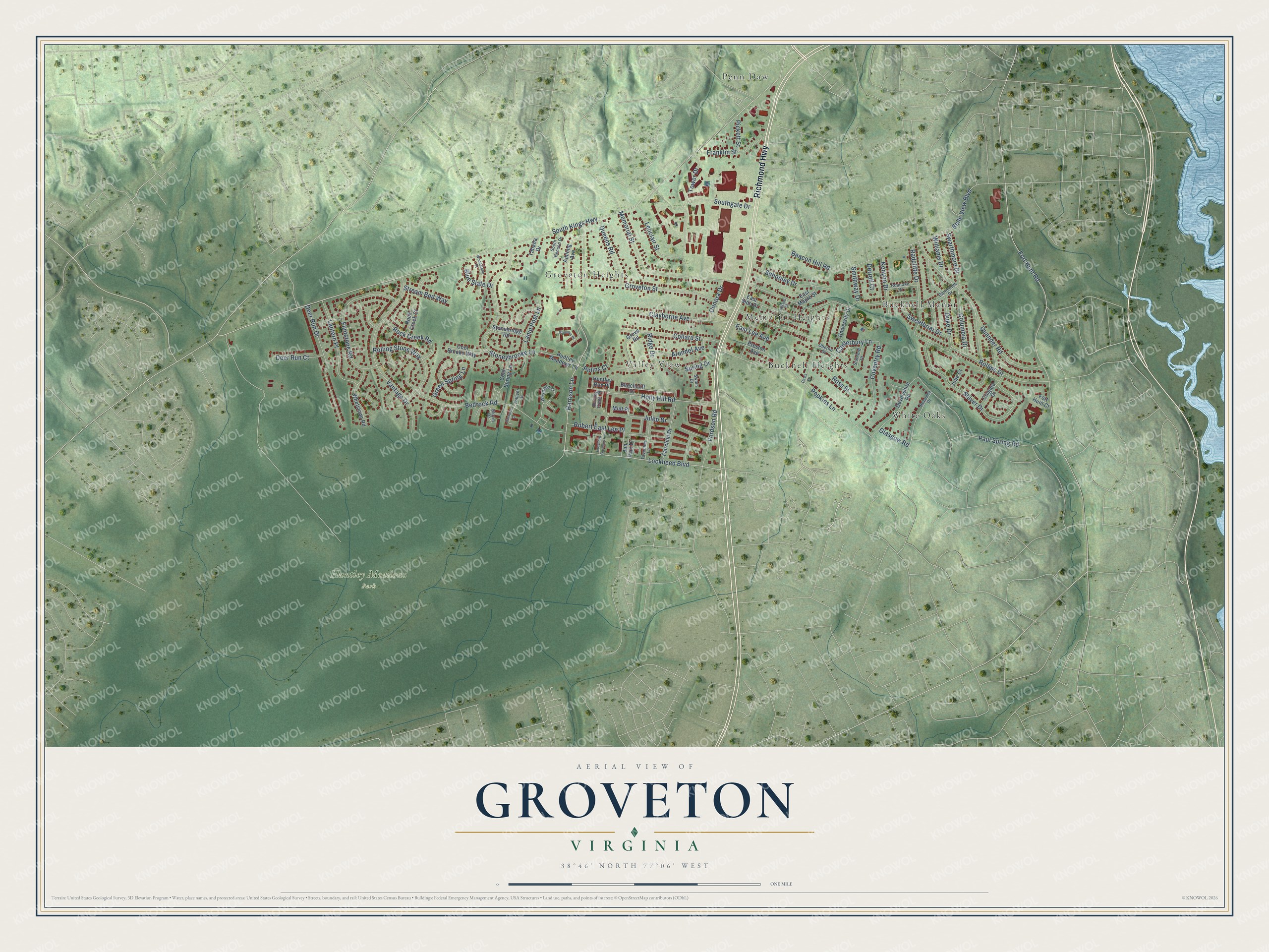 Full map of Groveton, Virginia, with red buildings, printed street names and the land around them