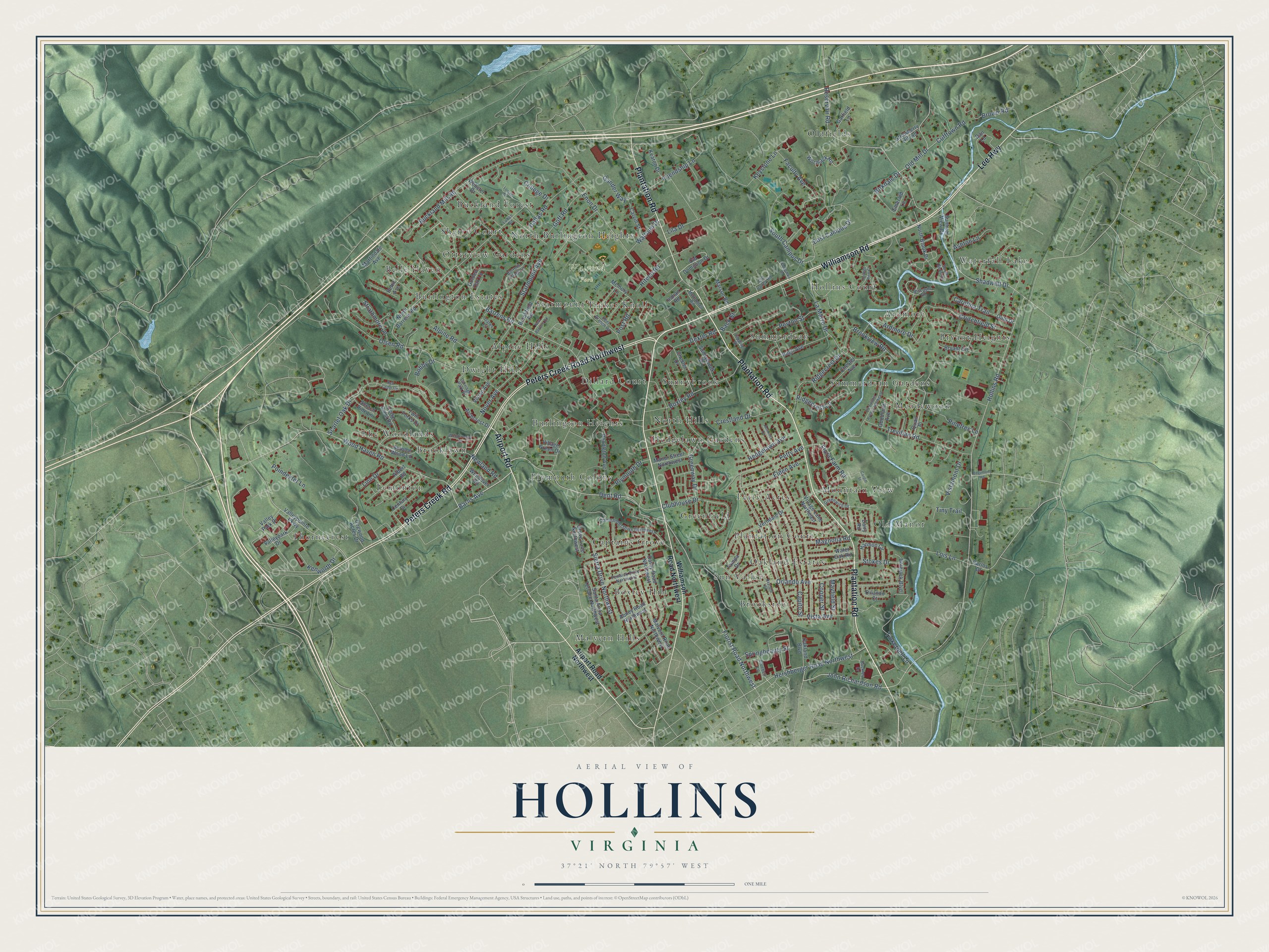 Full map of Hollins, Virginia, with red buildings, printed street names and the land around them