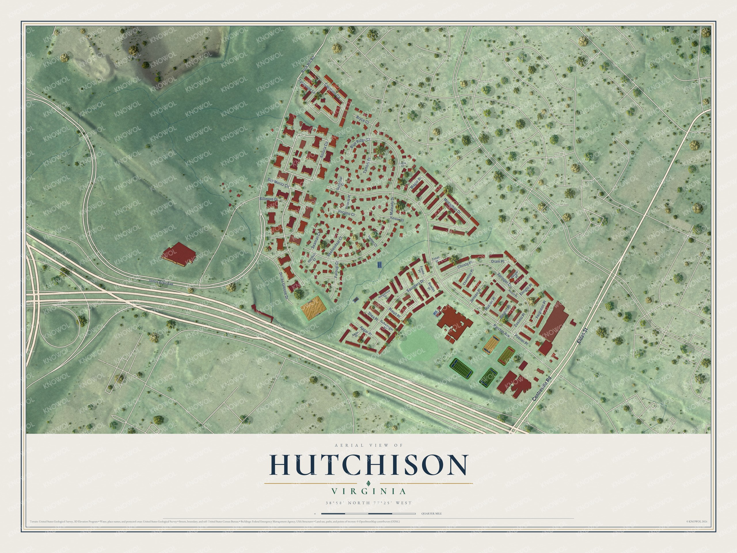 Full map of Hutchison, Virginia, with red buildings, printed street names and the land around them